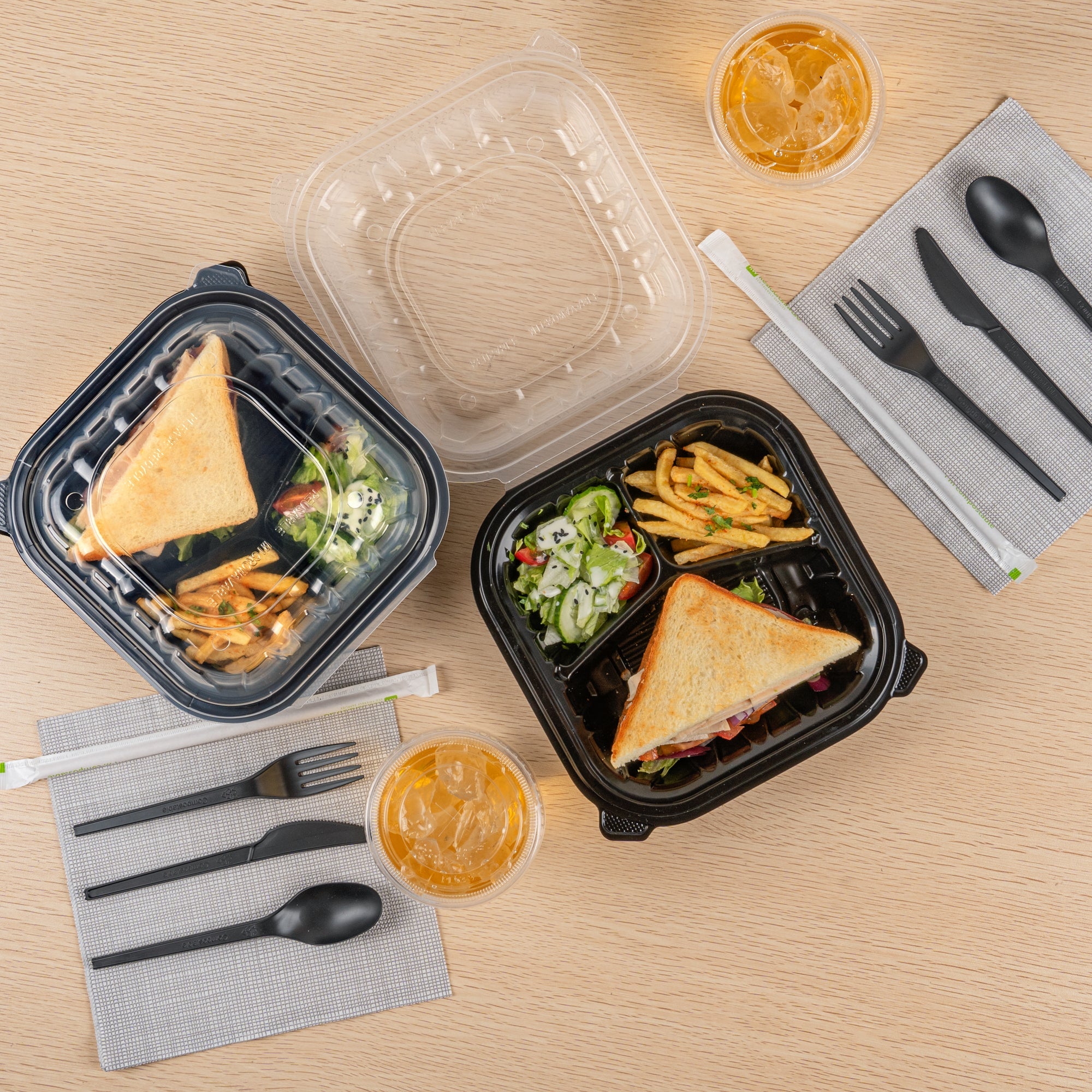 Thermo Tek 34 oz Black Plastic Clamshell Container - 3 Compartments, Microwavable - 8" x 8" x 3" - 50 count box