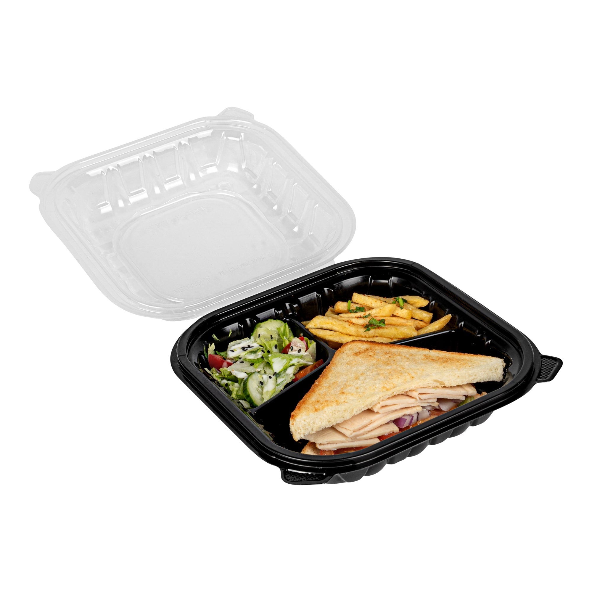 Thermo Tek 34 oz Black Plastic Clamshell Container - 3 Compartments, Microwavable - 8" x 8" x 3" - 100 count box
