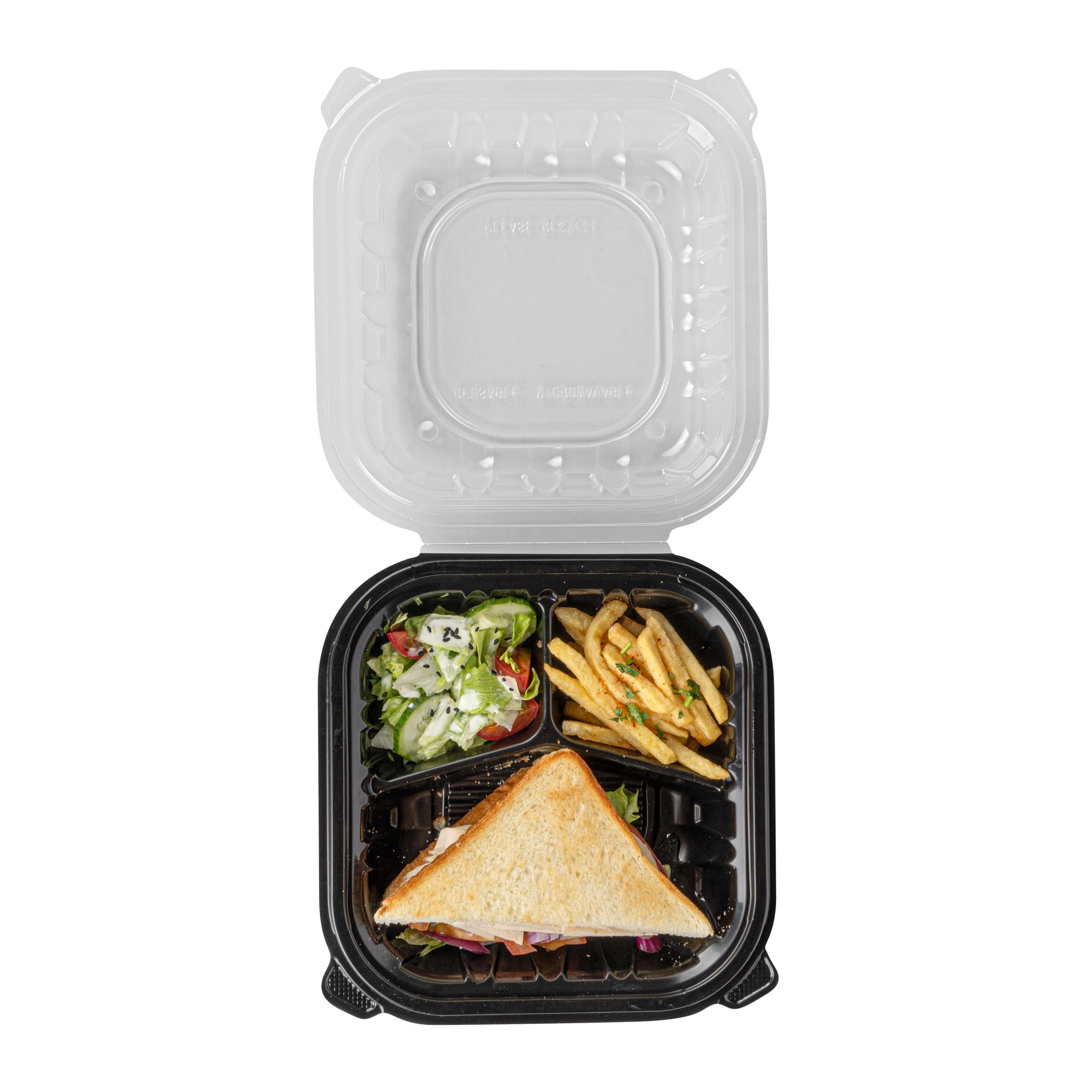 Thermo Tek 34 oz Black Plastic Clamshell Container - 3 Compartments, Microwavable - 8" x 8" x 3" - 100 count box