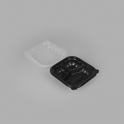 Thermo Tek 34 oz Black Plastic Clamshell Container - 3 Compartments, Microwavable - 8" x 8" x 3" - 100 count box