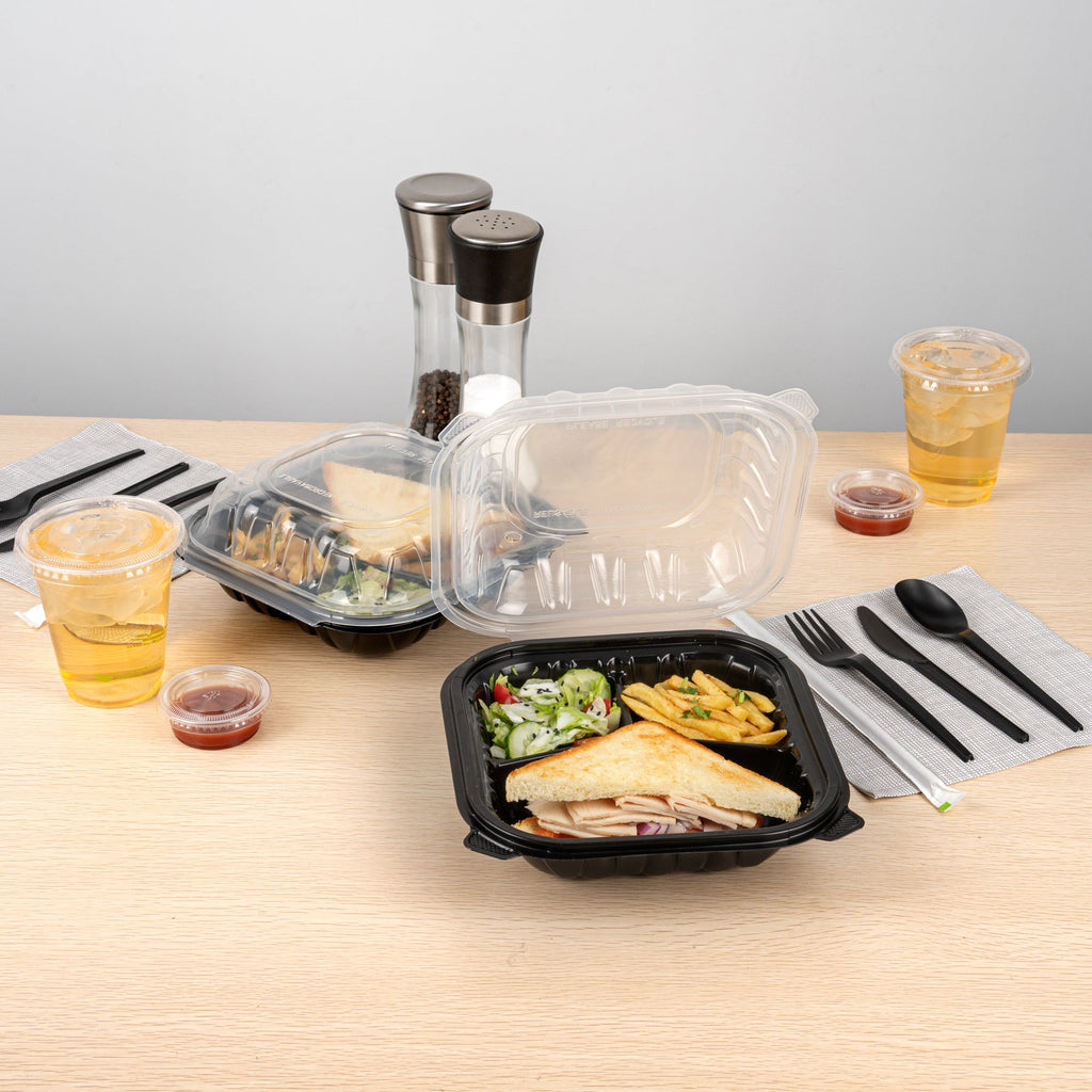 Thermo Tek 34 oz Black Plastic Clamshell Container - 3 Compartments, Microwavable - 8" x 8" x 3" - 100 count box