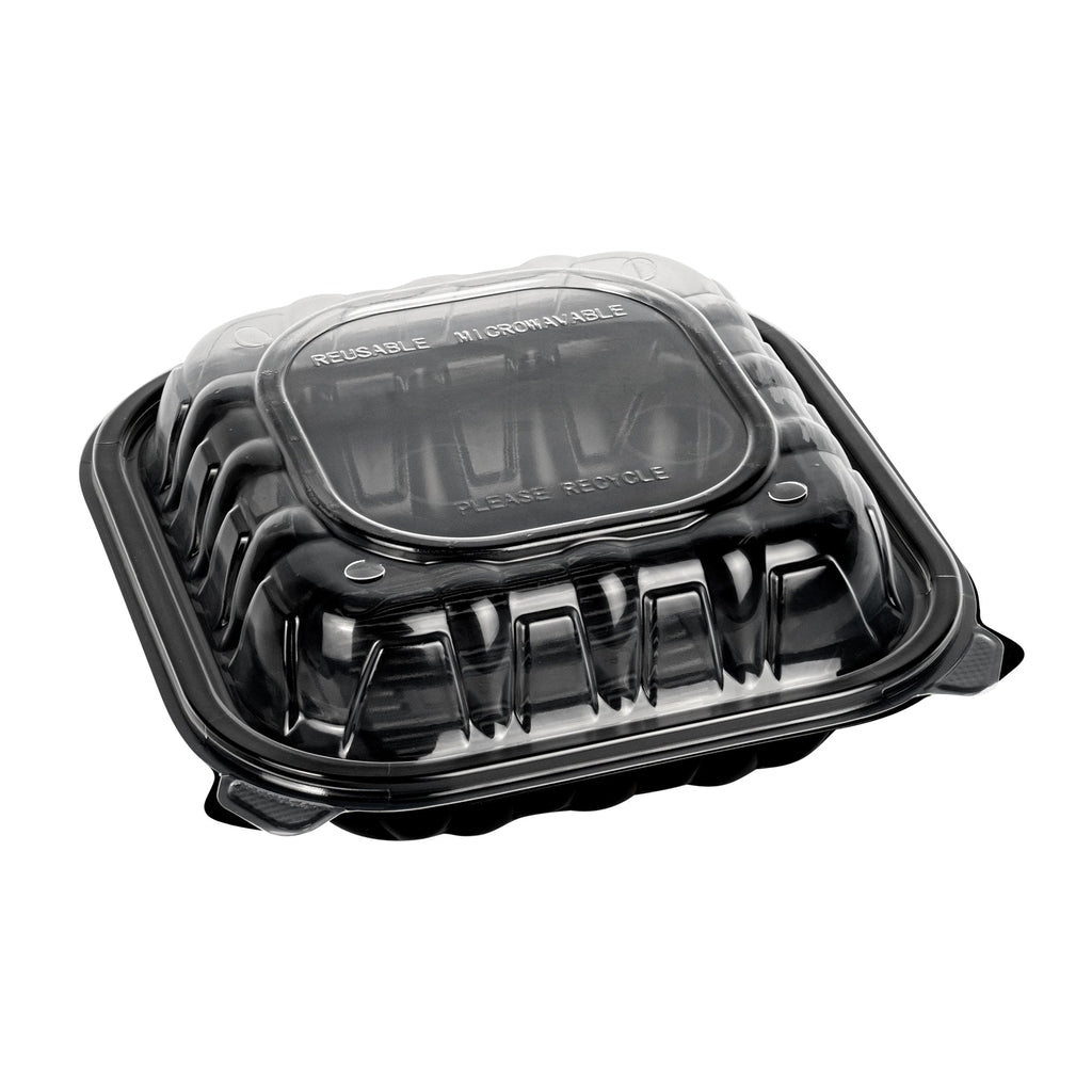Thermo Tek 34 oz Black Plastic Clamshell Container - Microwavable - 8" x 8" x 3" - 50 count box
