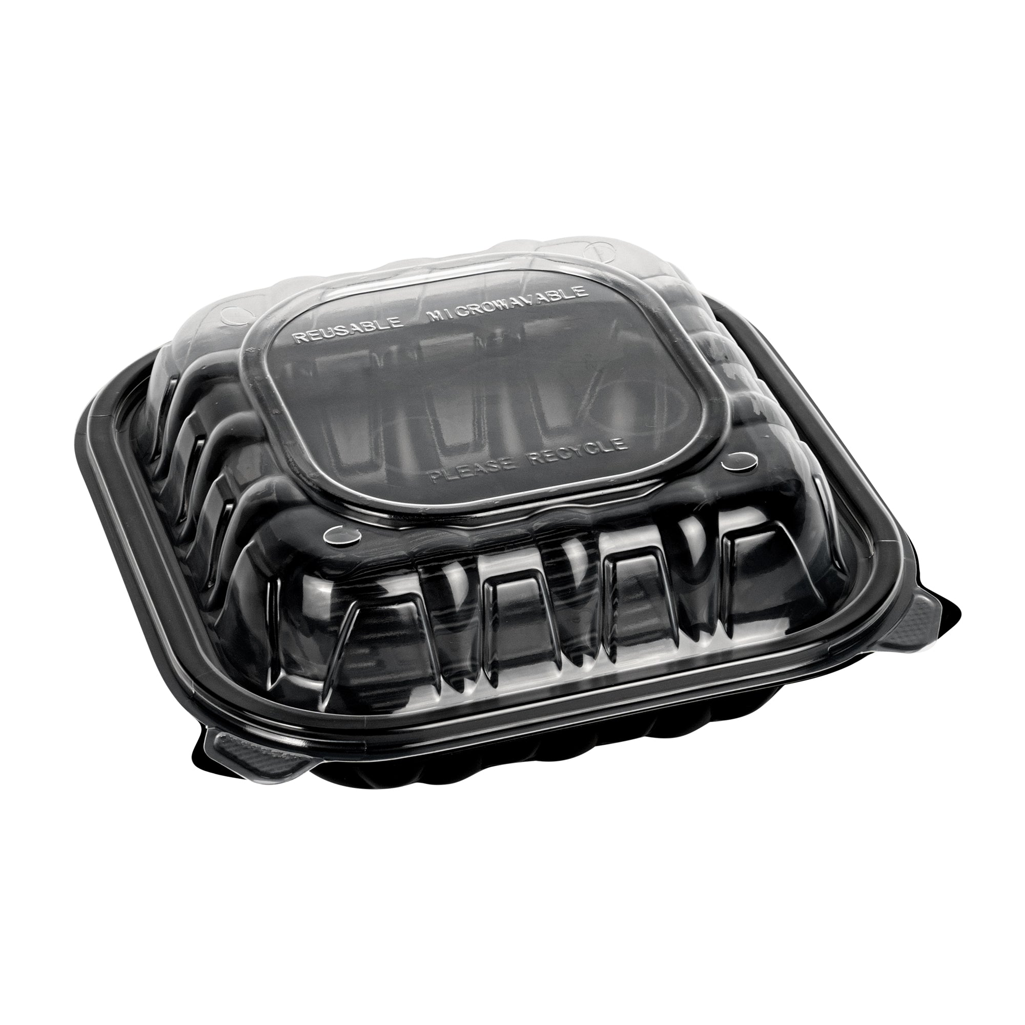 Thermo Tek 34 oz Black Plastic Clamshell Container - Microwavable - 8" x 8" x 3" - 50 count box