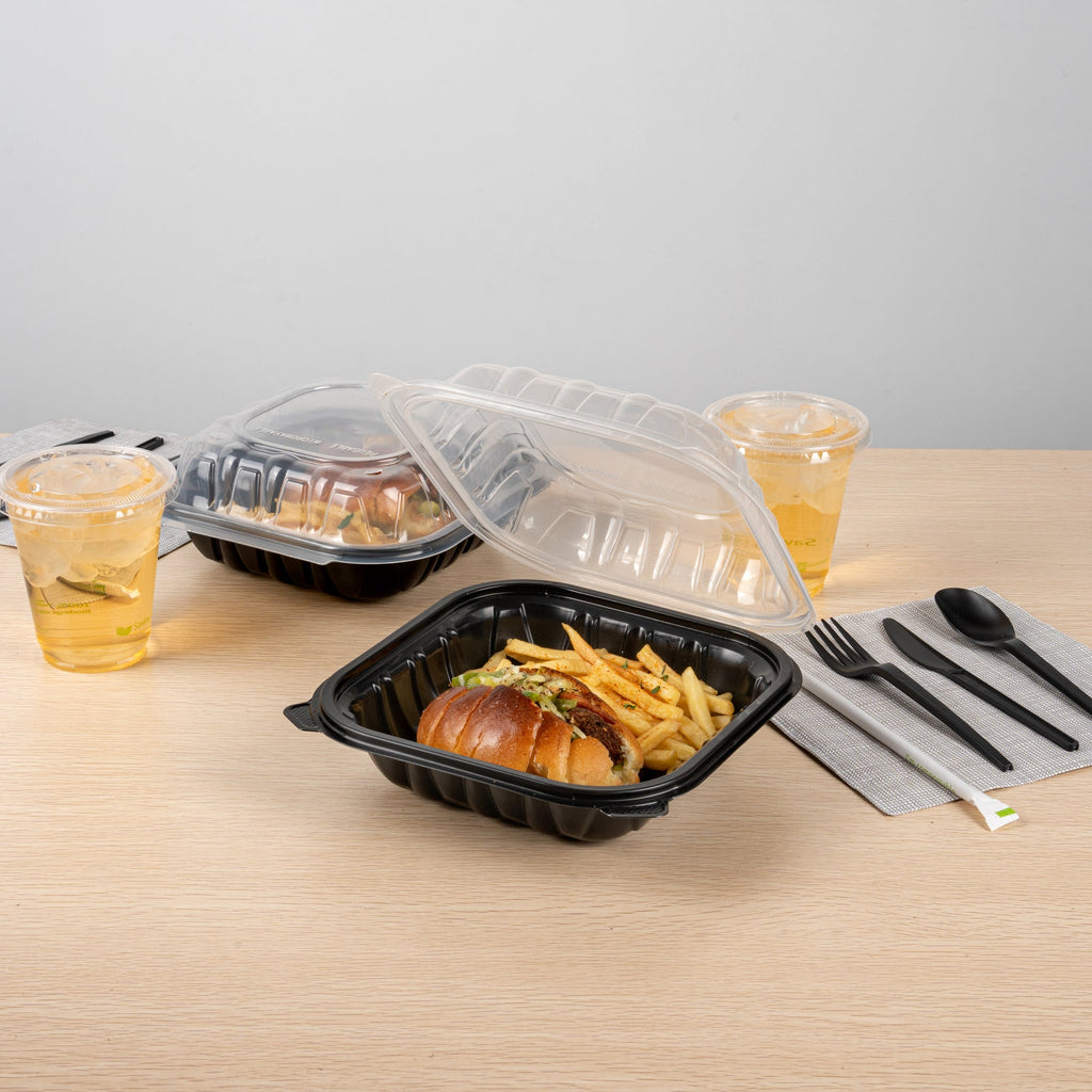 Thermo Tek 34 oz Black Plastic Clamshell Container - Microwavable - 8" x 8" x 3" - 50 count box