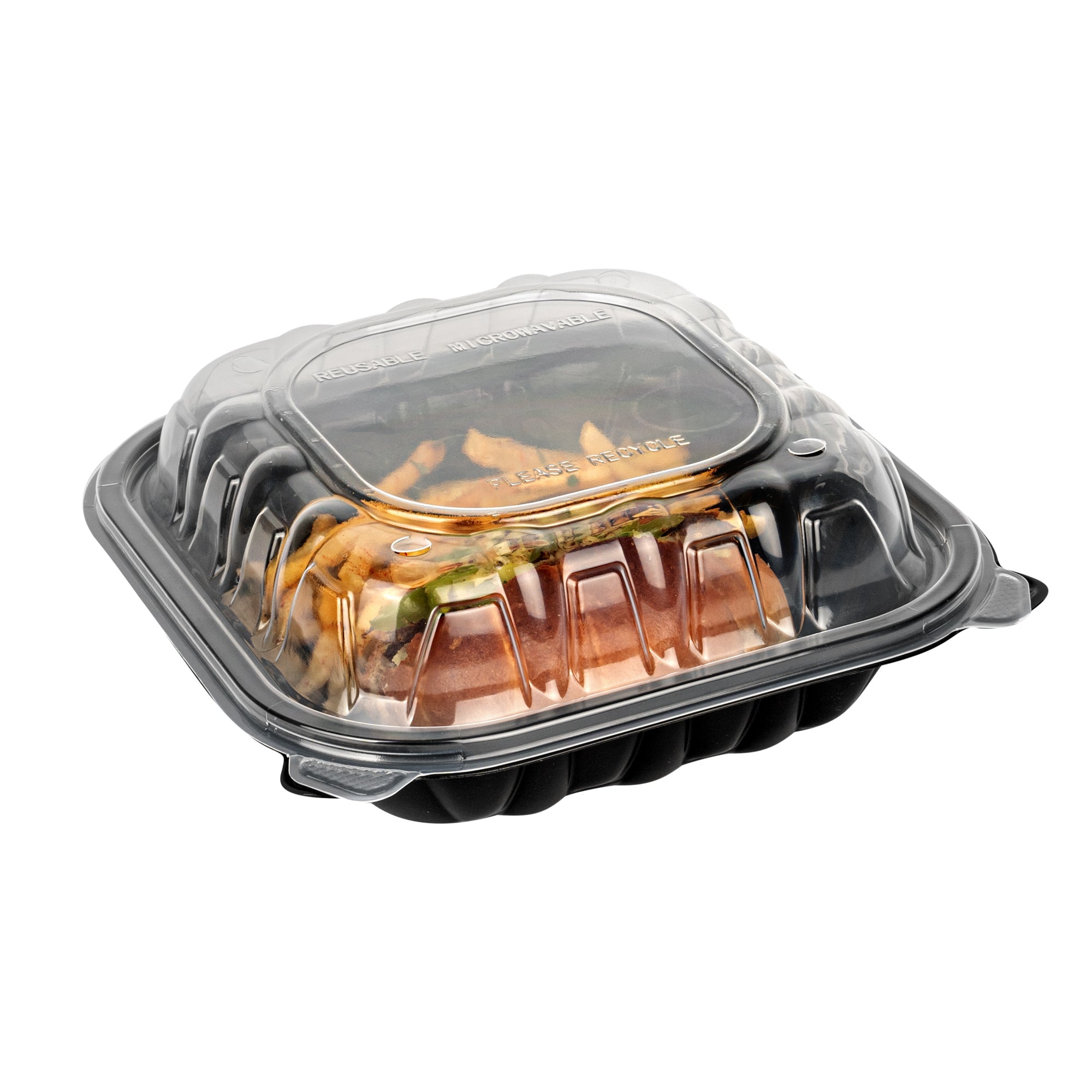 Thermo Tek 34 oz Black Plastic Clamshell Container - Microwavable - 8" x 8" x 3" - 50 count box