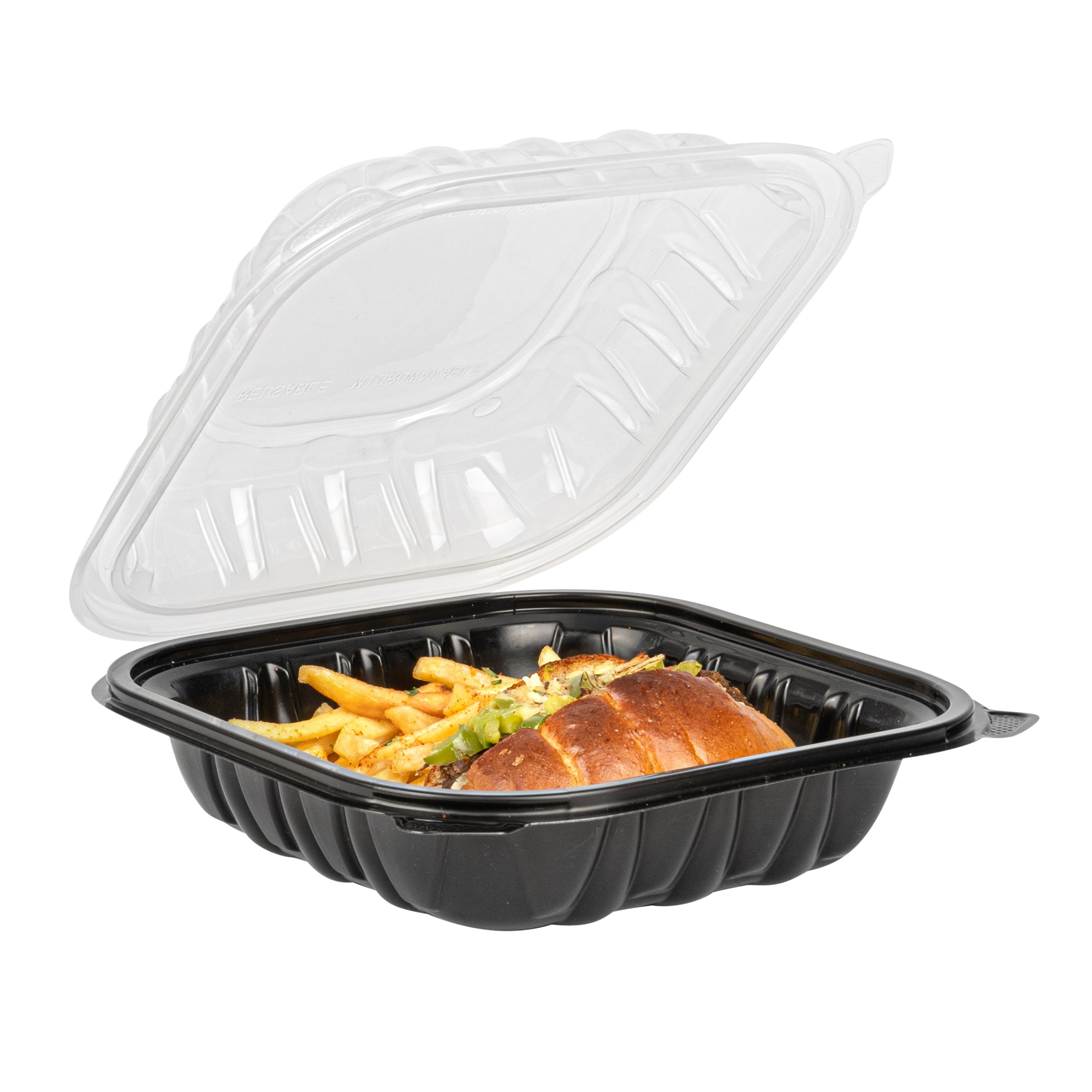 Thermo Tek 34 oz Black Plastic Clamshell Container - Microwavable - 8" x 8" x 3" - 50 count box