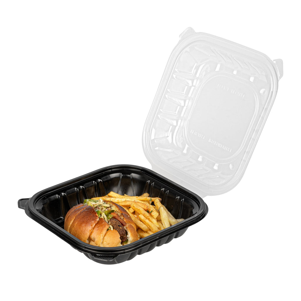 Thermo Tek 34 oz Black Plastic Clamshell Container - Microwavable - 8" x 8" x 3" - 50 count box