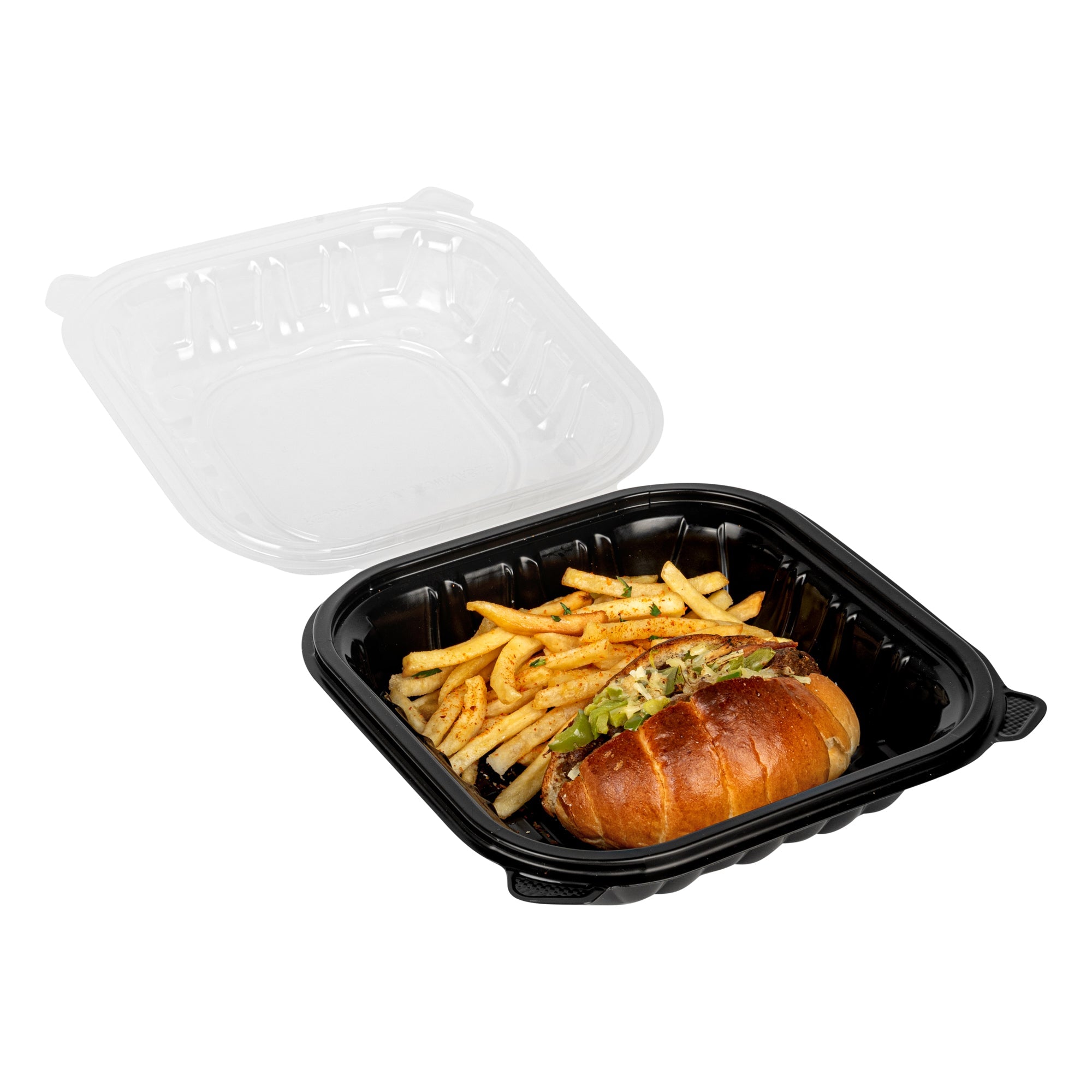 Thermo Tek 34 oz Black Plastic Clamshell Container - Microwavable - 8" x 8" x 3" - 50 count box