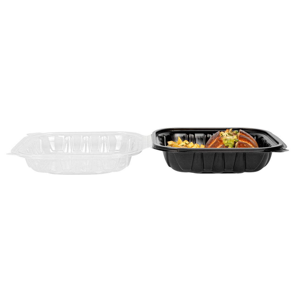 Thermo Tek 34 oz Black Plastic Clamshell Container - Microwavable - 8" x 8" x 3" - 50 count box