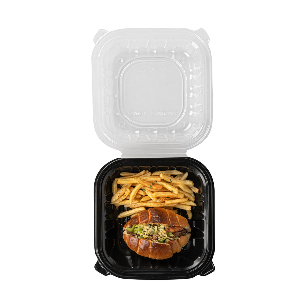 Thermo Tek 34 oz Black Plastic Clamshell Container - Microwavable - 8" x 8" x 3" - 50 count box
