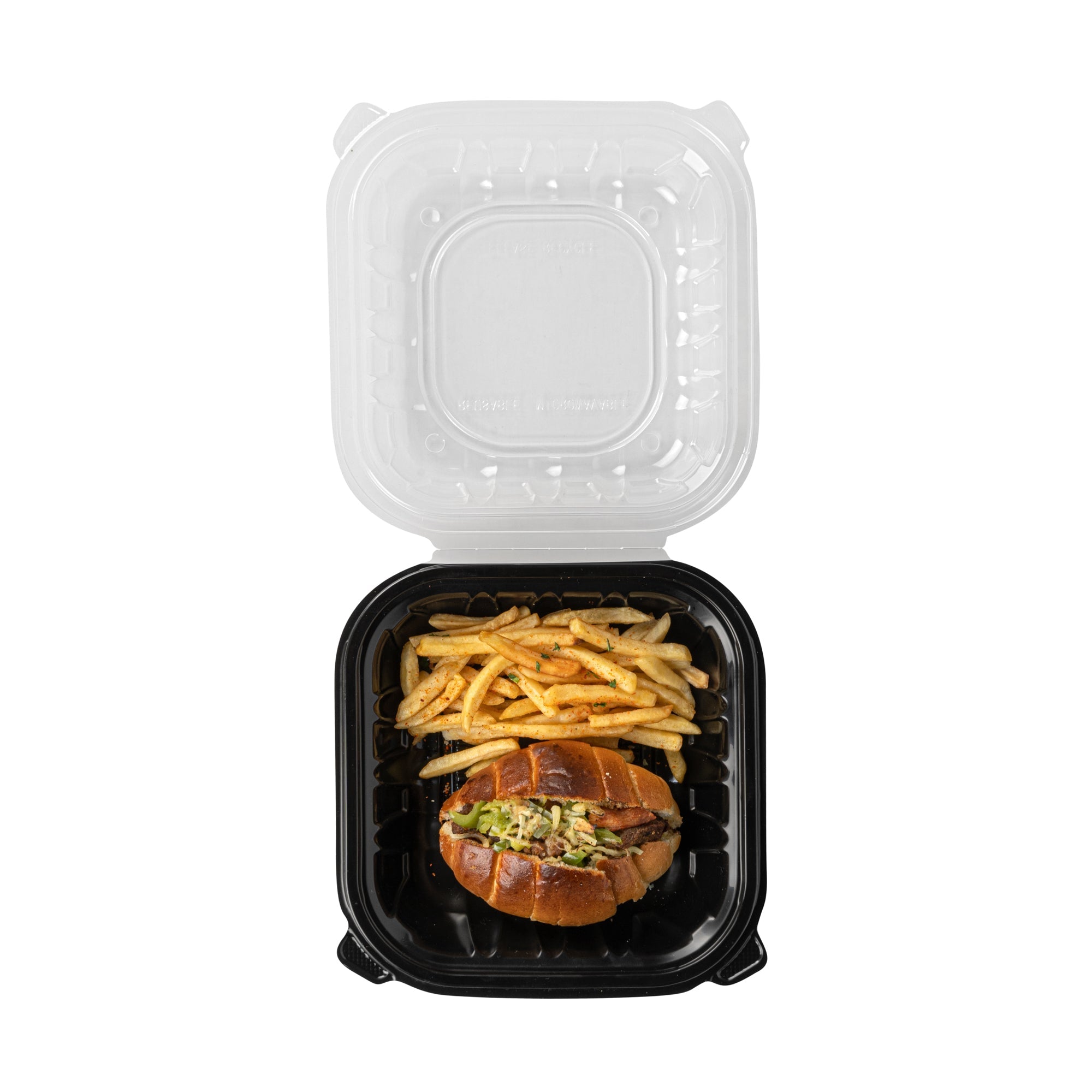 Thermo Tek 34 oz Black Plastic Clamshell Container - Microwavable - 8" x 8" x 3" - 50 count box