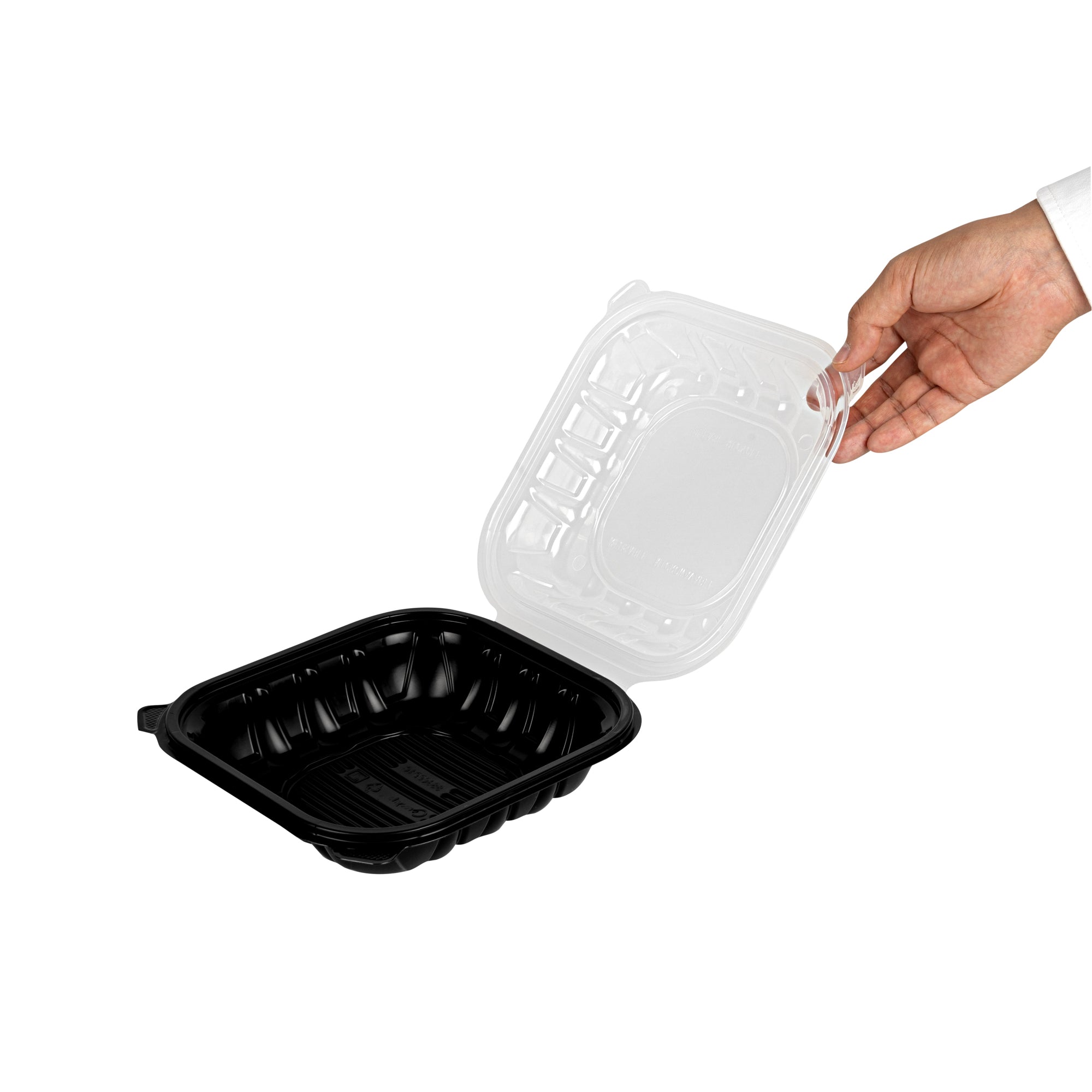 Thermo Tek 34 oz Black Plastic Clamshell Container - Microwavable - 8" x 8" x 3" - 50 count box