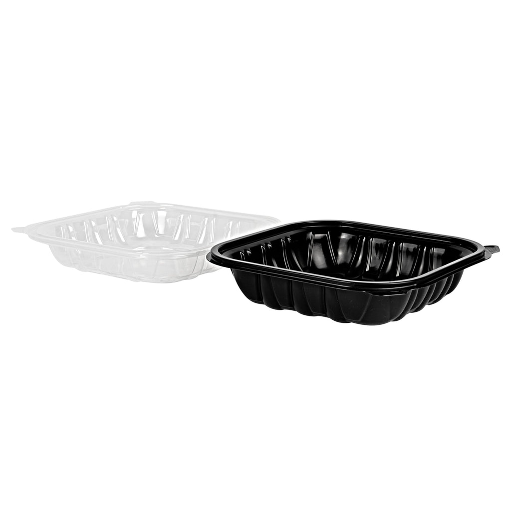 Thermo Tek 34 oz Black Plastic Clamshell Container - Microwavable - 8" x 8" x 3" - 50 count box
