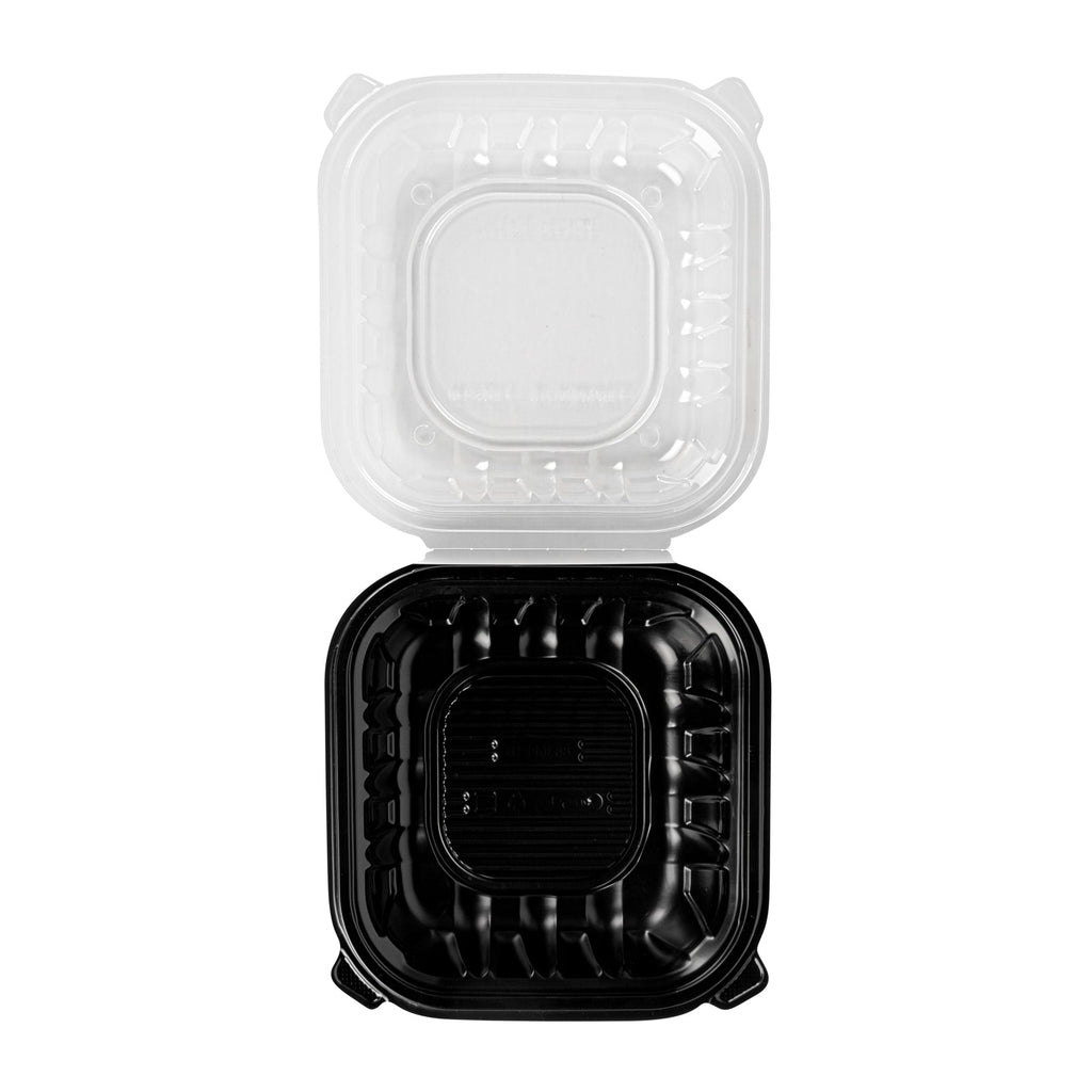 Thermo Tek 34 oz Black Plastic Clamshell Container - Microwavable - 8" x 8" x 3" - 50 count box