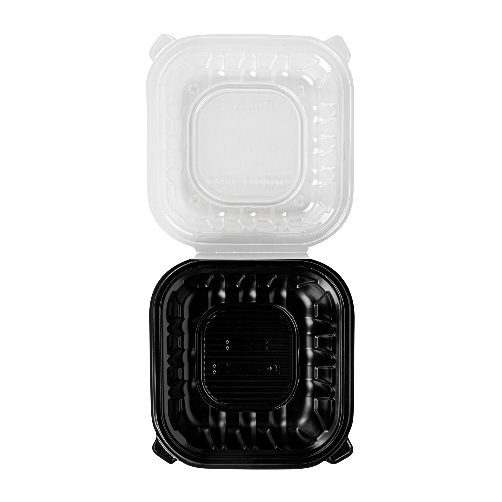 Thermo Tek 34 oz Black Plastic Clamshell Container - Microwavable - 8" x 8" x 3" - 50 count box