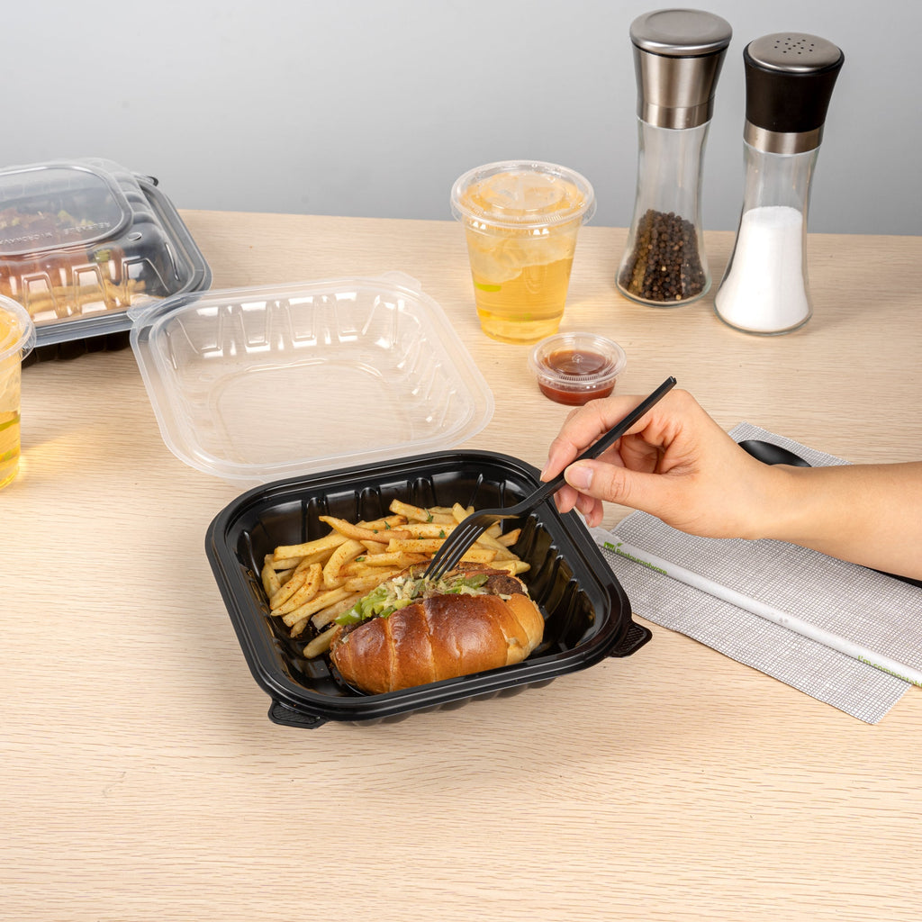 Thermo Tek 34 oz Black Plastic Clamshell Container - Microwavable - 8" x 8" x 3" - 50 count box