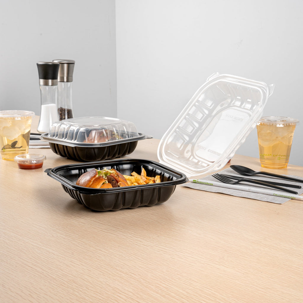 Thermo Tek 34 oz Black Plastic Clamshell Container - Microwavable - 8" x 8" x 3" - 50 count box