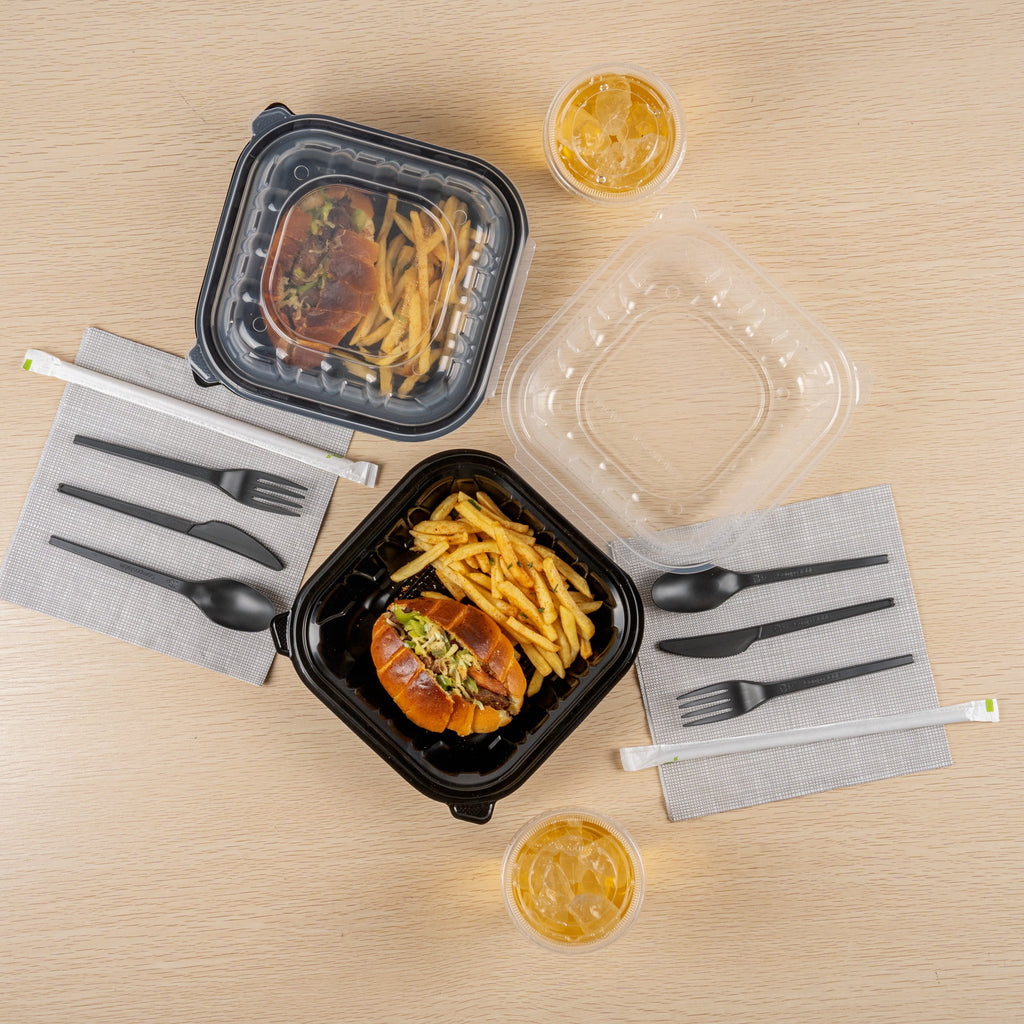 Thermo Tek 34 oz Black Plastic Clamshell Container - Microwavable - 8" x 8" x 3" - 50 count box