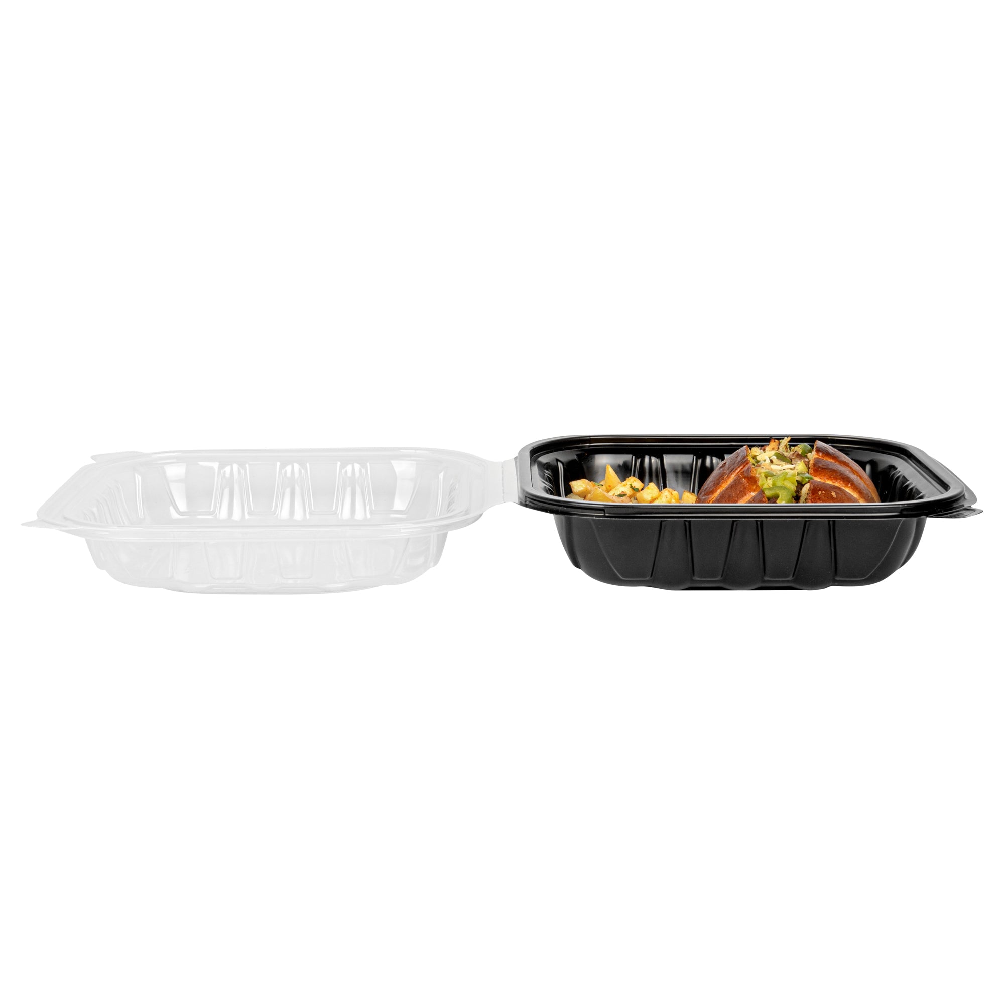 Thermo Tek 34 oz Black Plastic Clamshell Container - Microwavable - 8" x 8" x 3" - 100 count box