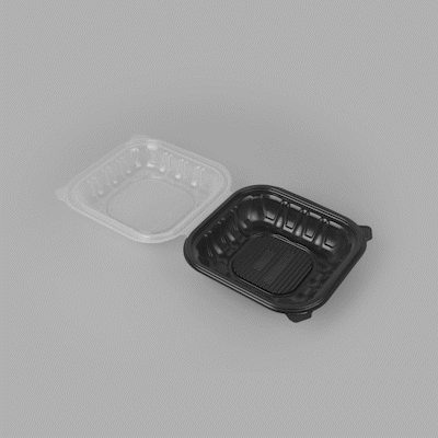 Thermo Tek 34 oz Black Plastic Clamshell Container - Microwavable - 8" x 8" x 3" - 100 count box