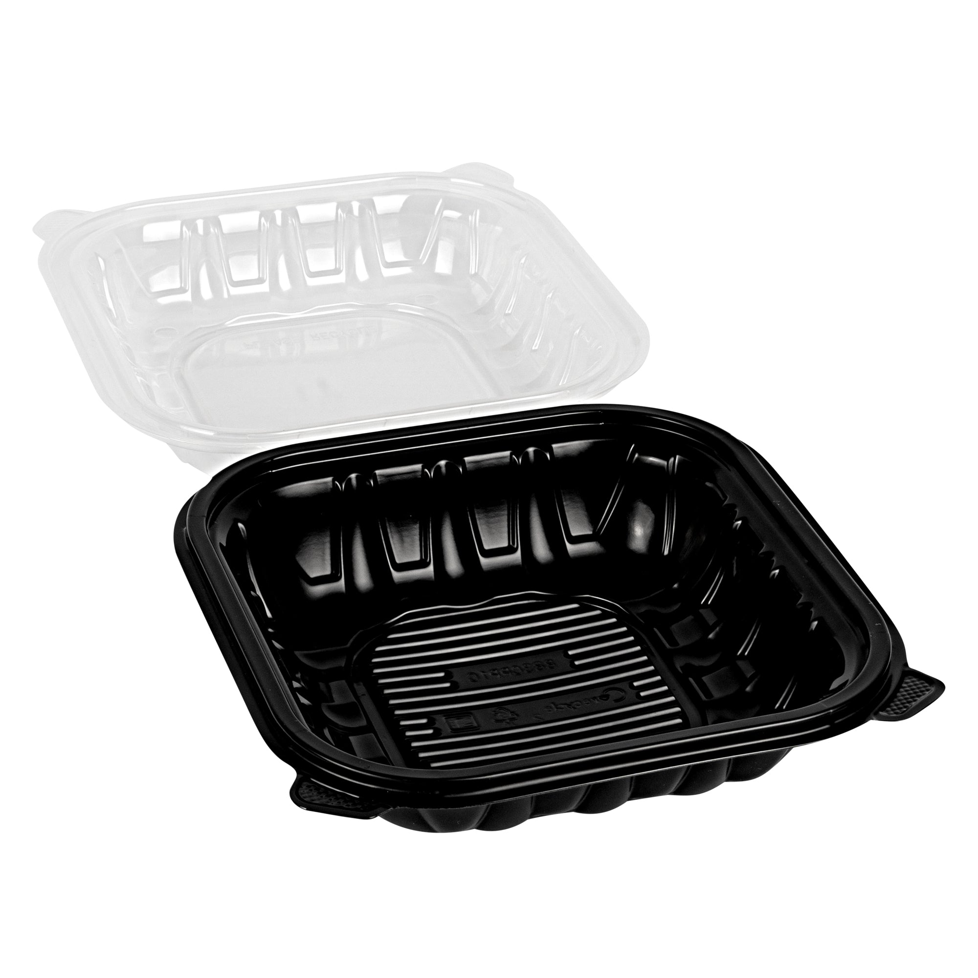 Thermo Tek 34 oz Black Plastic Clamshell Container - Microwavable - 8" x 8" x 3" - 100 count box
