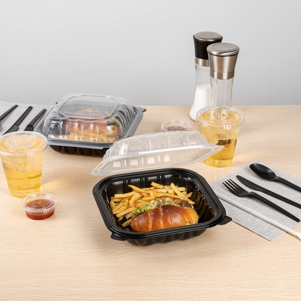 Thermo Tek 34 oz Black Plastic Clamshell Container - Microwavable - 8" x 8" x 3" - 100 count box