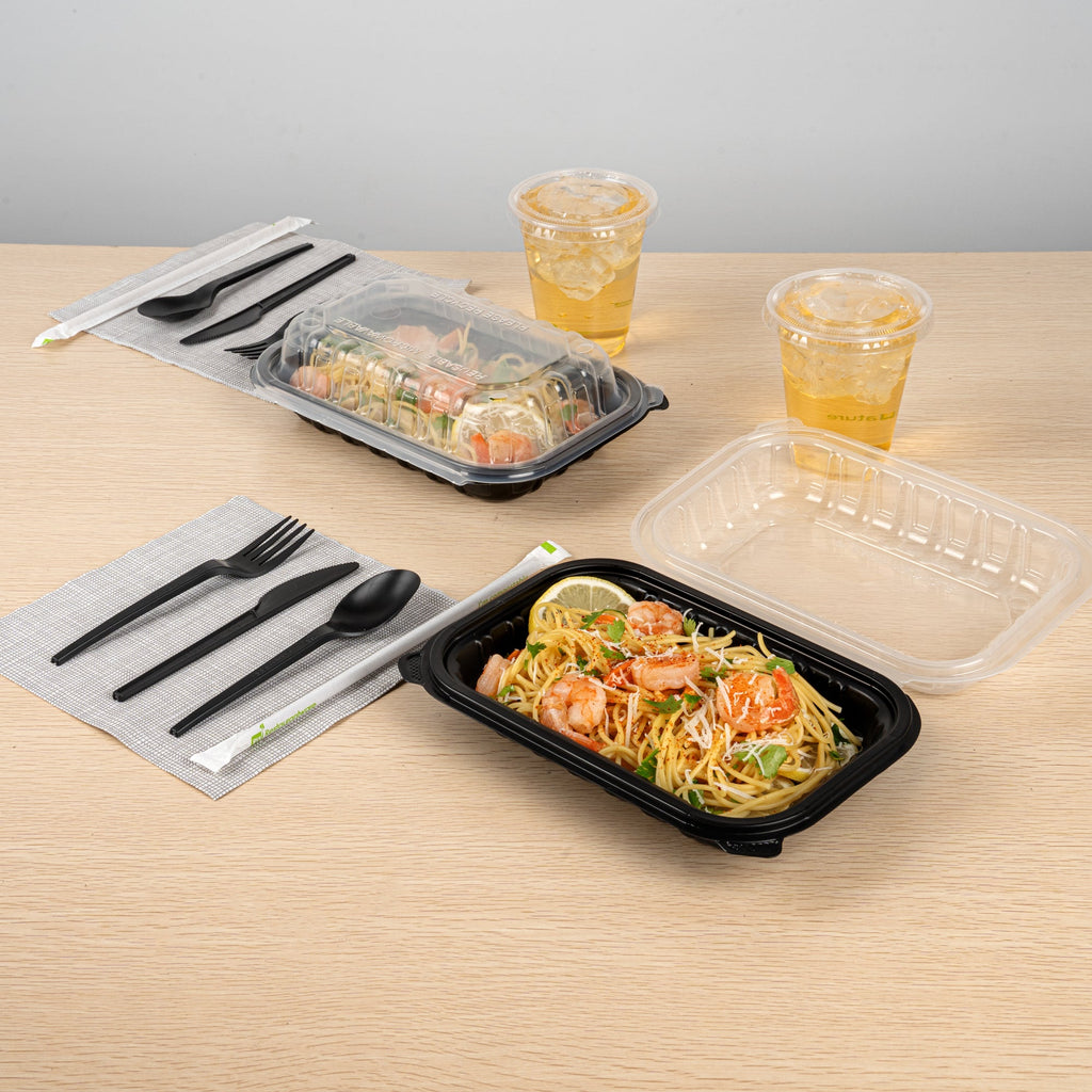 Thermo Tek 24 oz Black Plastic Clamshell Container - Microwavable - 9" x 6" x 3" - 100 count box