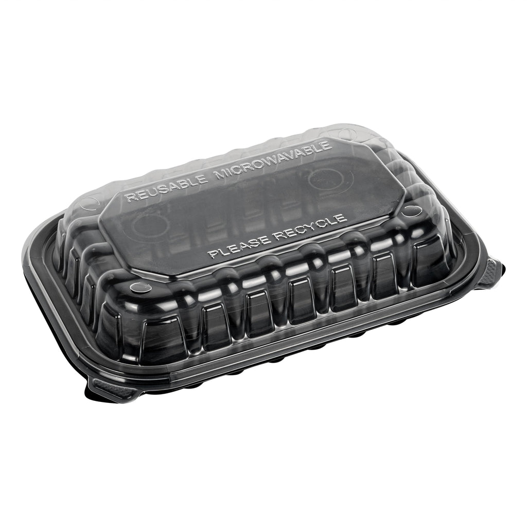Thermo Tek 24 oz Black Plastic Clamshell Container - Microwavable - 9" x 6" x 3" - 50 count box