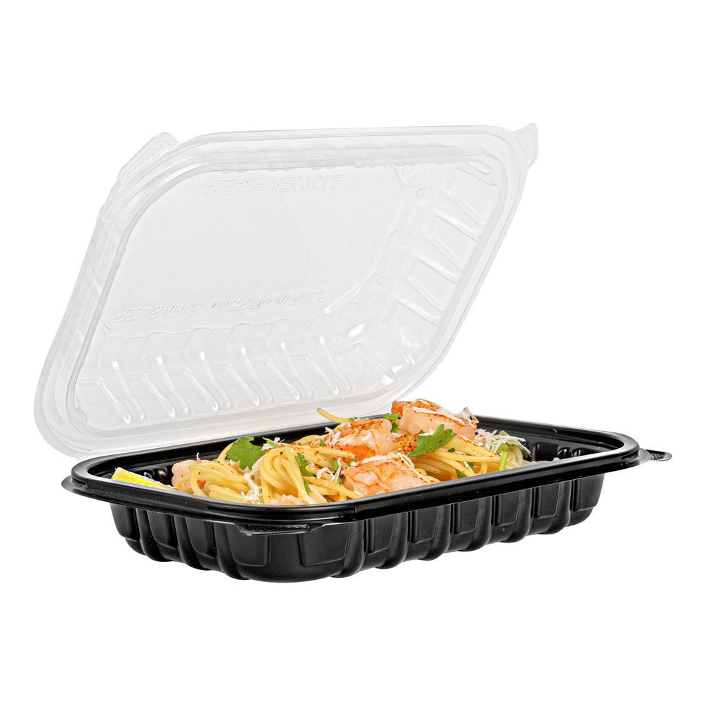 Thermo Tek 24 oz Black Plastic Clamshell Container - Microwavable - 9" x 6" x 3" - 50 count box