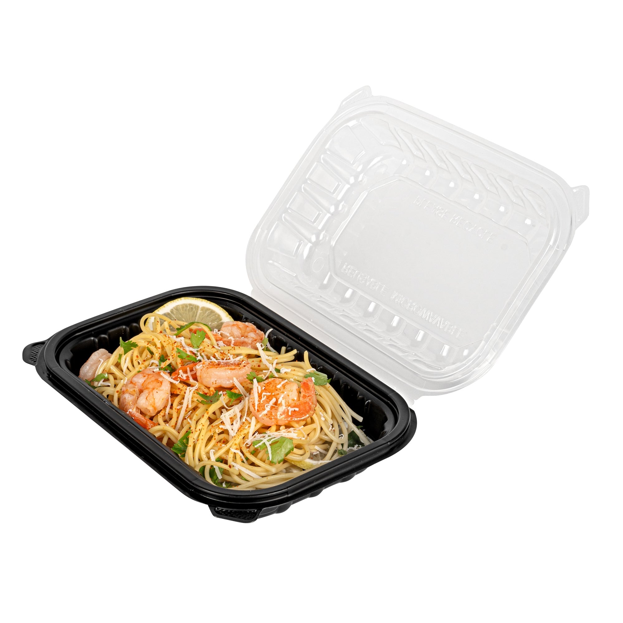 Thermo Tek 24 oz Black Plastic Clamshell Container - Microwavable - 9" x 6" x 3" - 50 count box
