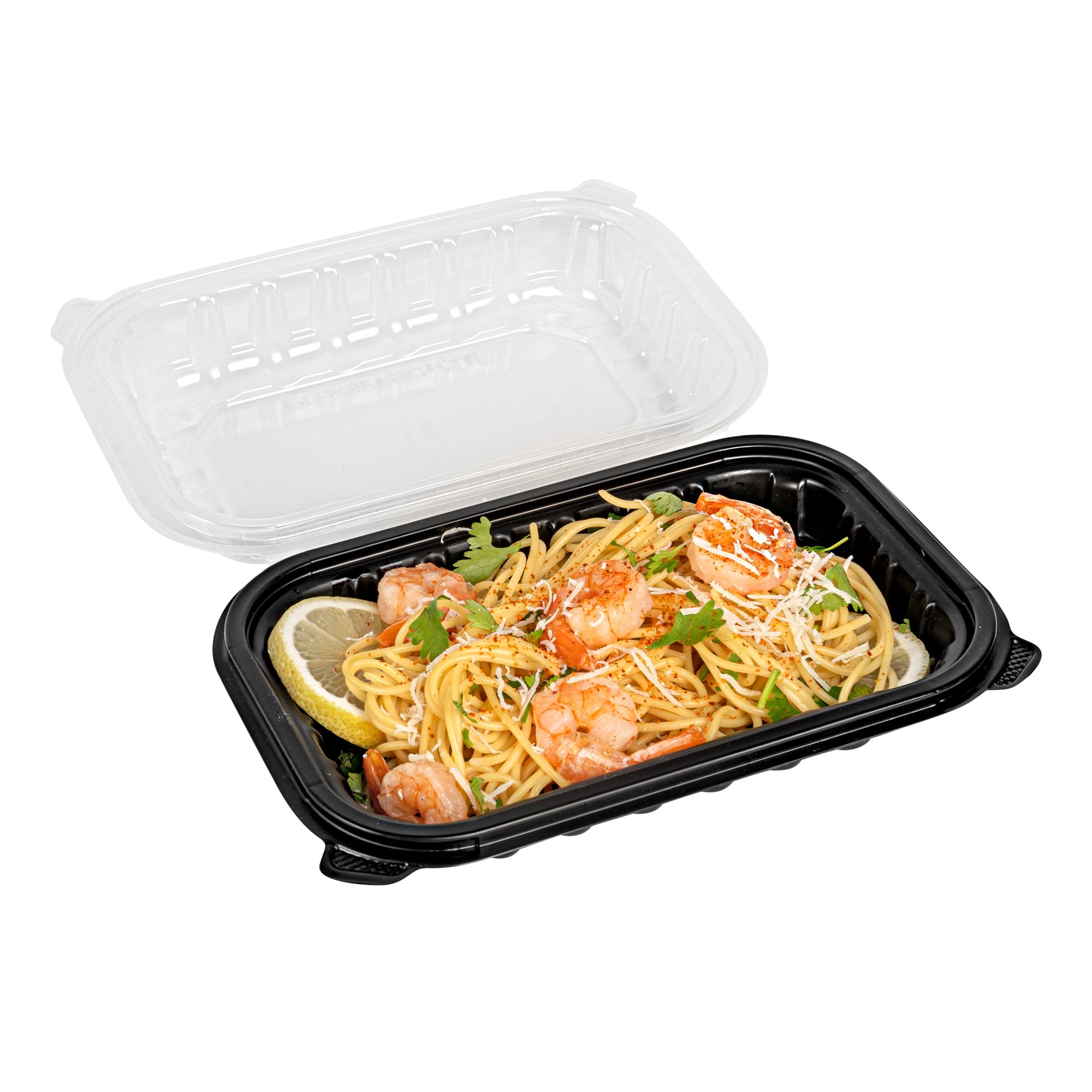 Thermo Tek 24 oz Black Plastic Clamshell Container - Microwavable - 9" x 6" x 3" - 100 count box