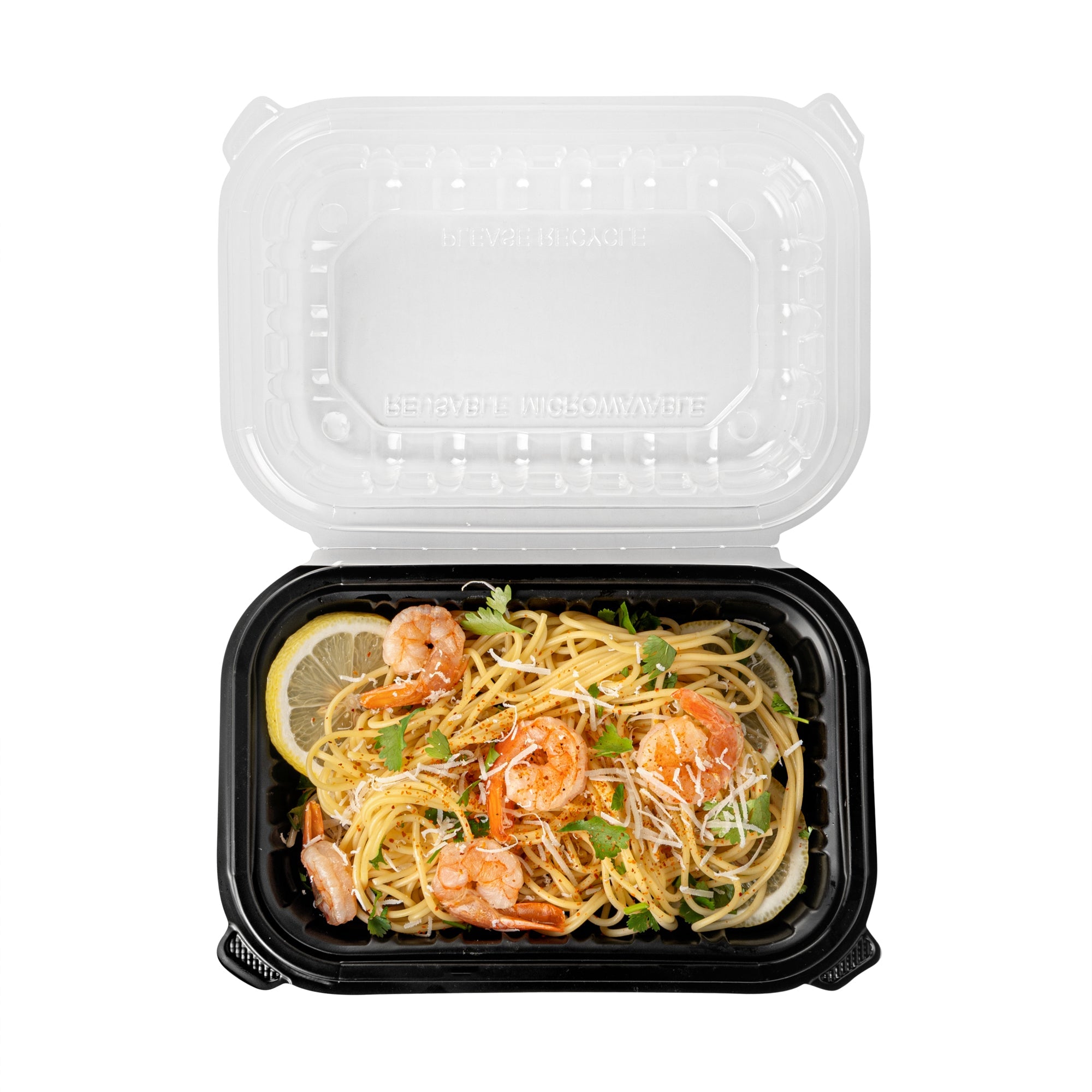 Thermo Tek 24 oz Black Plastic Clamshell Container - Microwavable - 9" x 6" x 3" - 100 count box