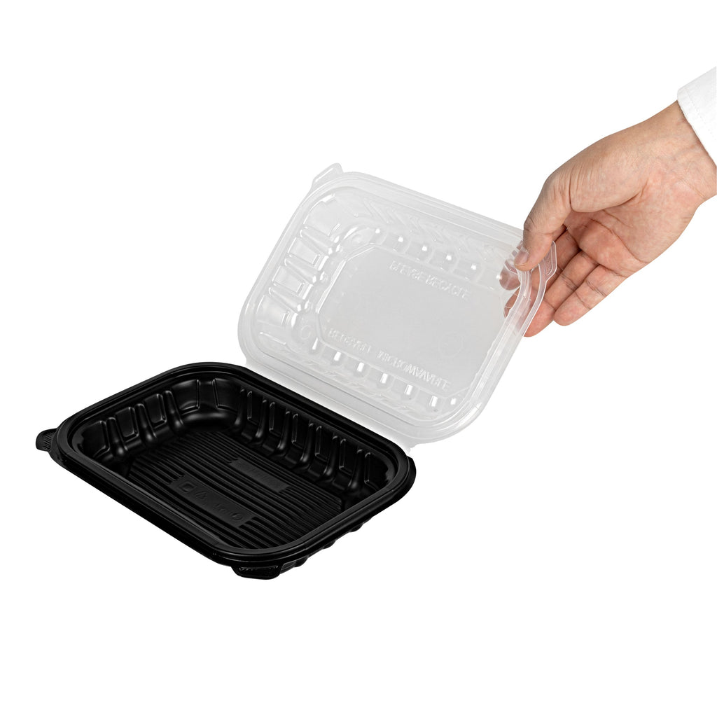 Thermo Tek 24 oz Black Plastic Clamshell Container - Microwavable - 9" x 6" x 3" - 100 count box