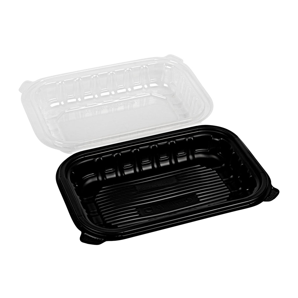 Thermo Tek 24 oz Black Plastic Clamshell Container - Microwavable - 9" x 6" x 3" - 100 count box