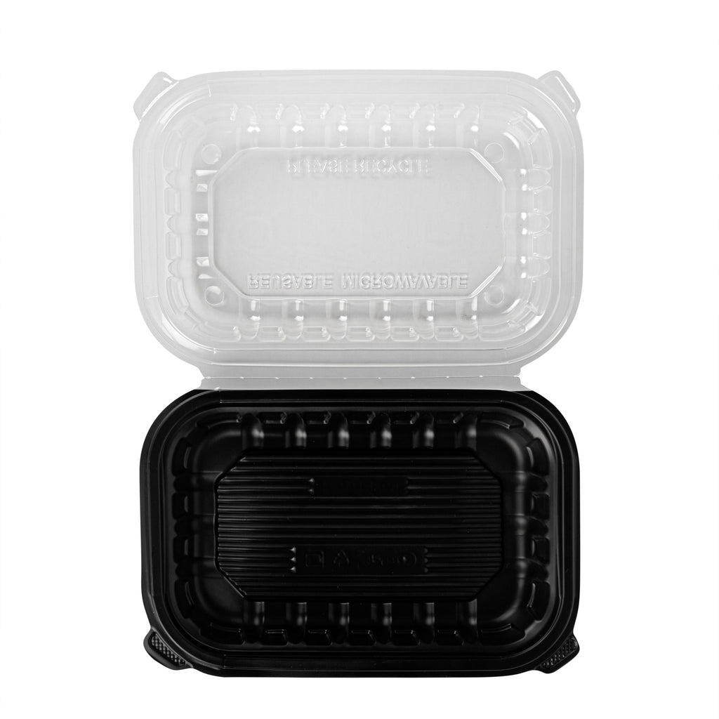 Thermo Tek 24 oz Black Plastic Clamshell Container - Microwavable - 9" x 6" x 3" - 100 count box
