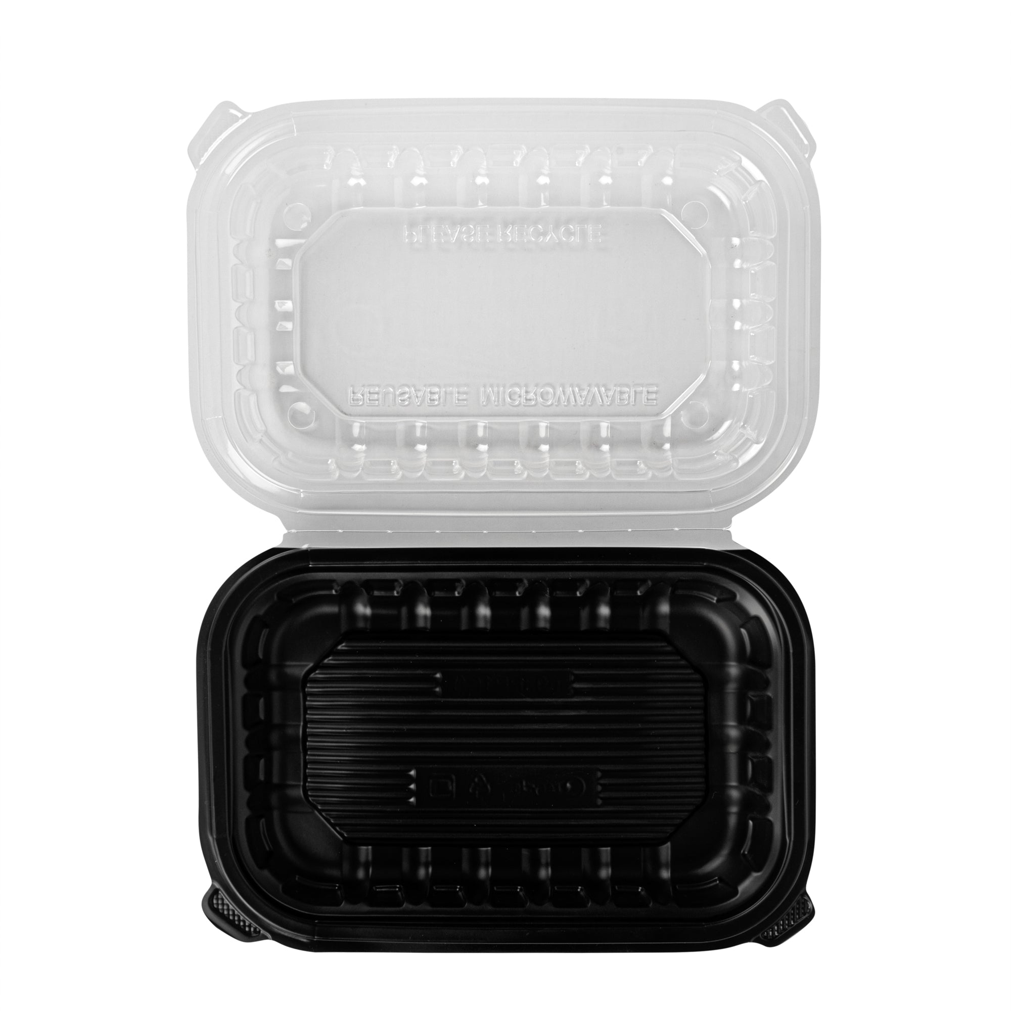 Thermo Tek 24 oz Black Plastic Clamshell Container - Microwavable - 9" x 6" x 3" - 100 count box