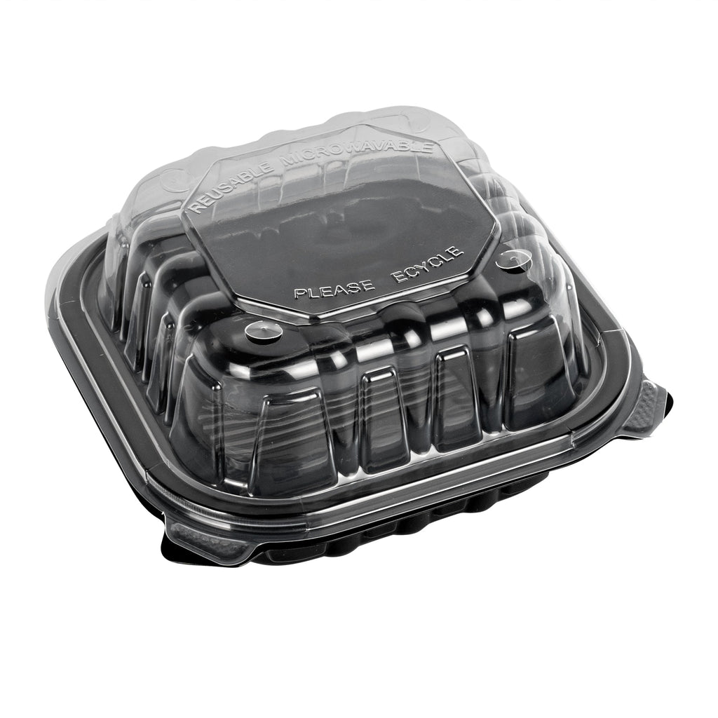 Thermo Tek 16 oz Black Plastic Clamshell Container - Microwavable - 6" x 6" x 3" - 50 count box