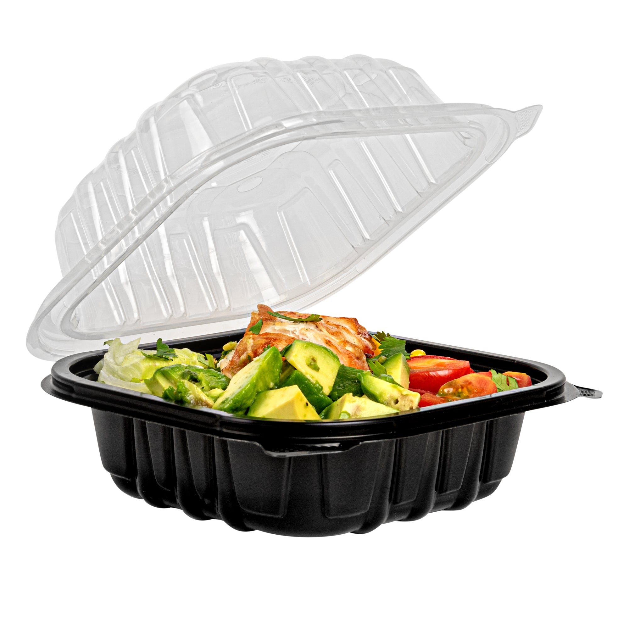 Thermo Tek 16 oz Black Plastic Clamshell Container - Microwavable - 6" x 6" x 3" - 50 count box