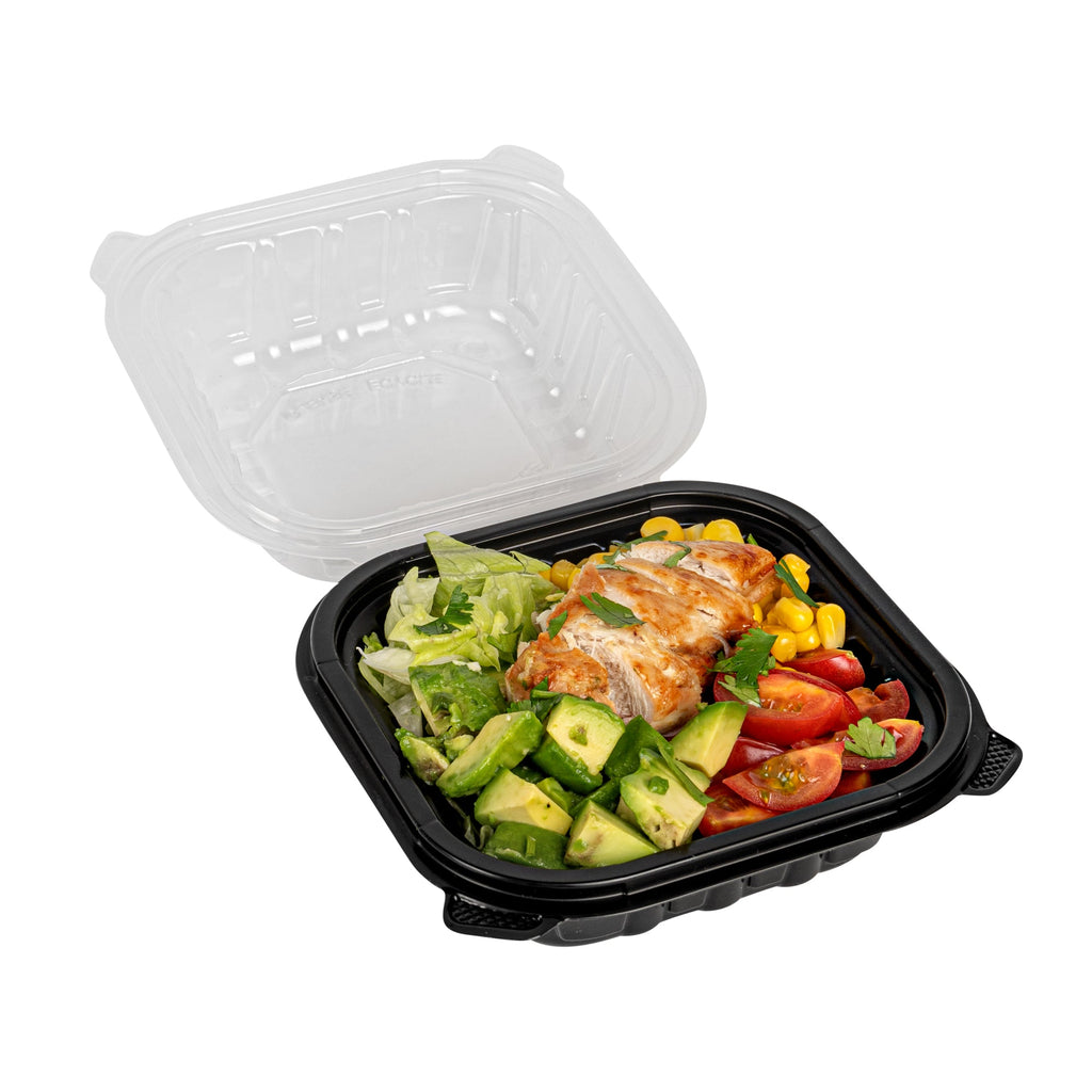 Thermo Tek 16 oz Black Plastic Clamshell Container - Microwavable - 6" x 6" x 3" - 50 count box