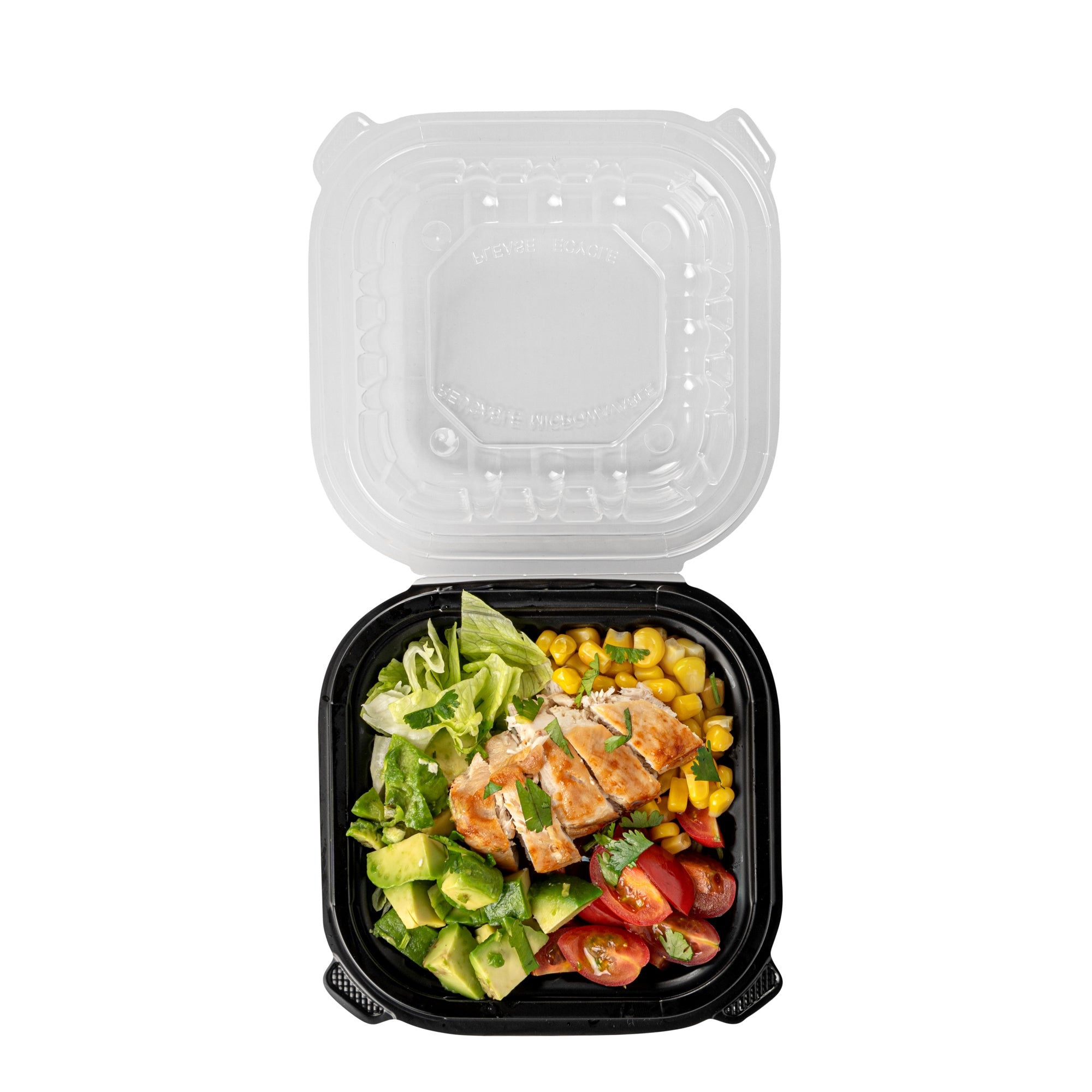 Thermo Tek 16 oz Black Plastic Clamshell Container - Microwavable - 6" x 6" x 3" - 50 count box