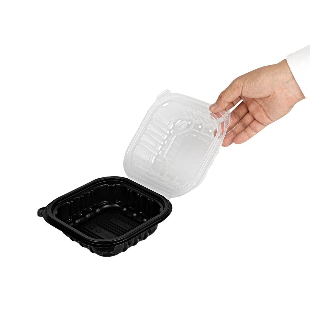 Thermo Tek 16 oz Black Plastic Clamshell Container - Microwavable - 6" x 6" x 3" - 50 count box