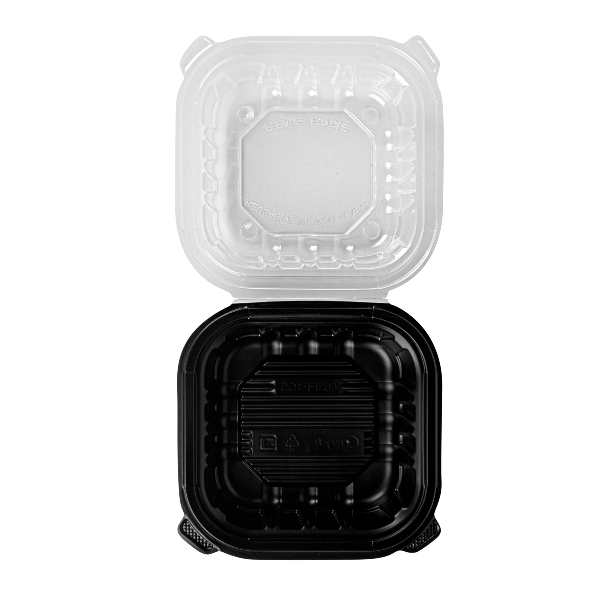 Thermo Tek 16 oz Black Plastic Clamshell Container - Microwavable - 6" x 6" x 3" - 50 count box