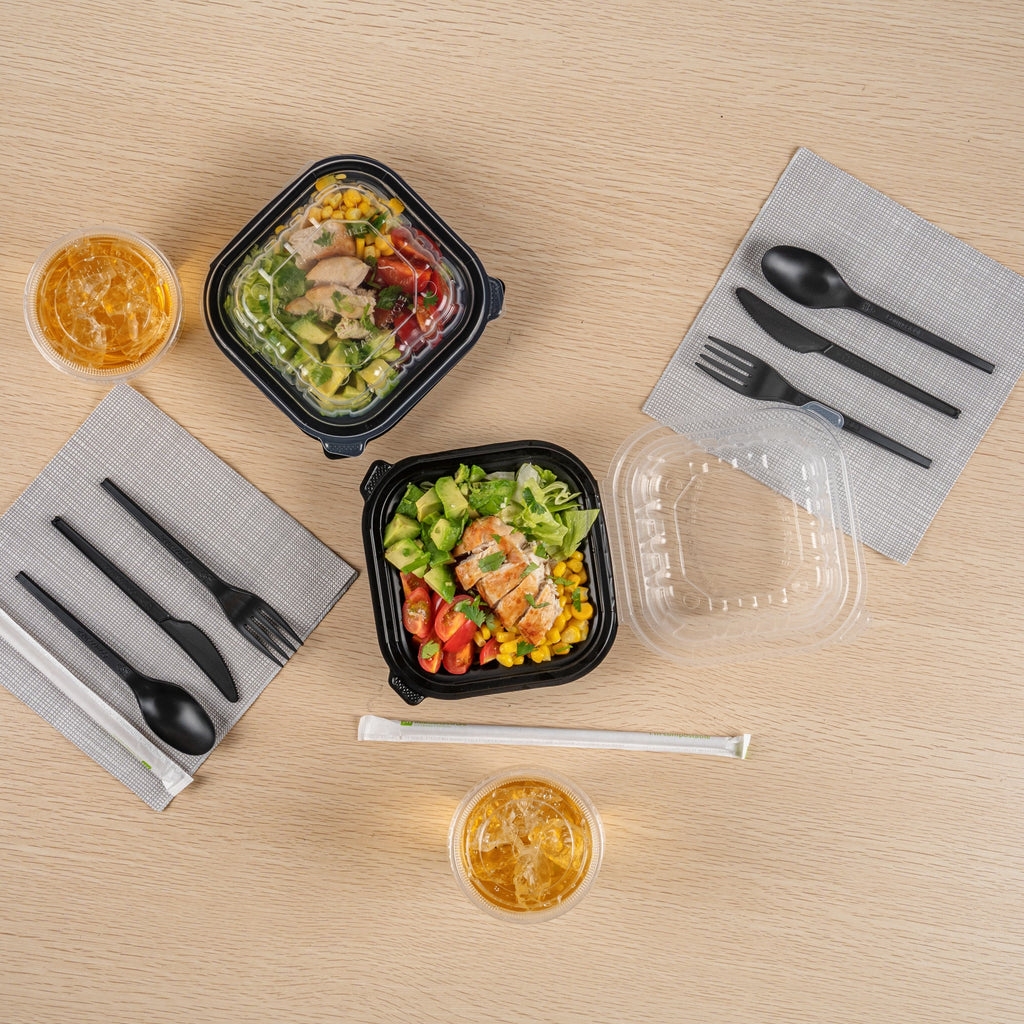 Thermo Tek 16 oz Black Plastic Clamshell Container - Microwavable - 6" x 6" x 3" - 50 count box