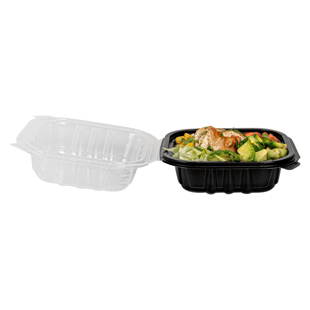 Thermo Tek 16 oz Black Plastic Clamshell Container - Microwavable - 6" x 6" x 3" - 100 count box