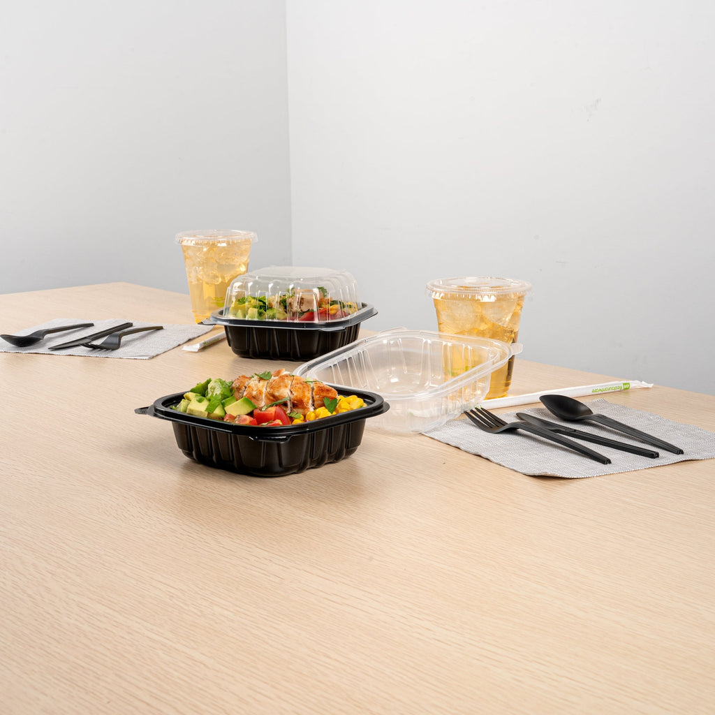 Thermo Tek 16 oz Black Plastic Clamshell Container - Microwavable - 6" x 6" x 3" - 100 count box
