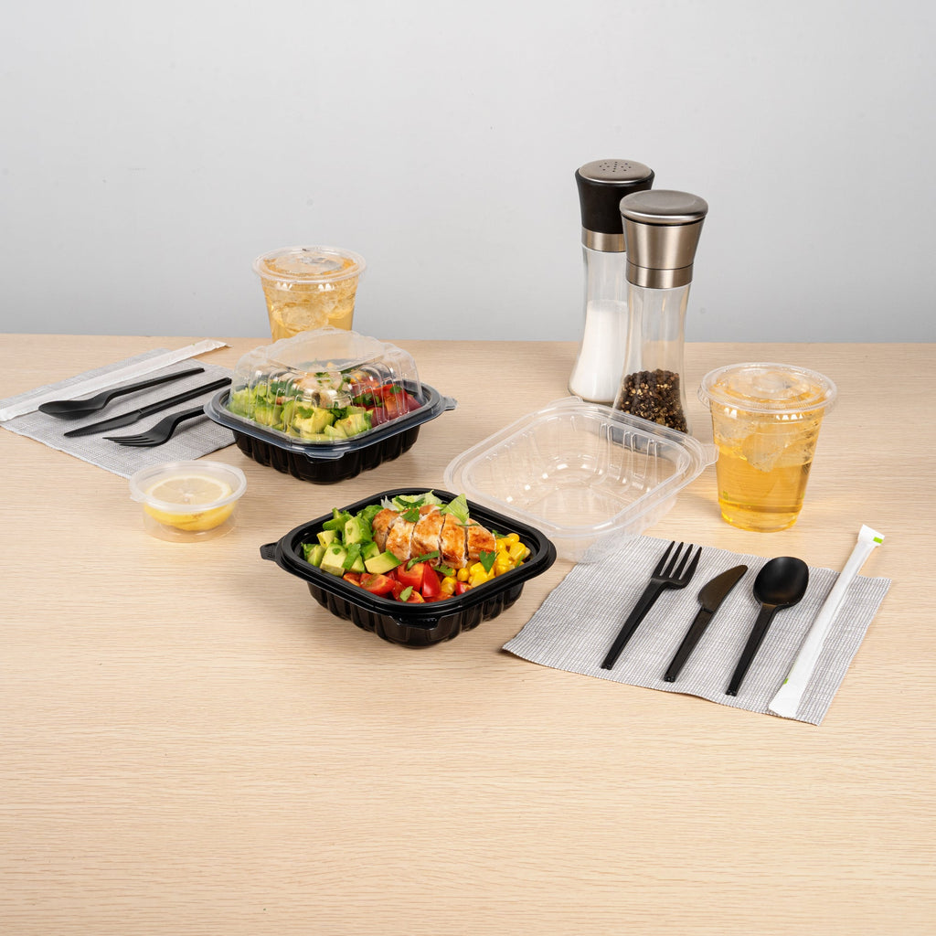 Thermo Tek 16 oz Black Plastic Clamshell Container - Microwavable - 6" x 6" x 3" - 100 count box