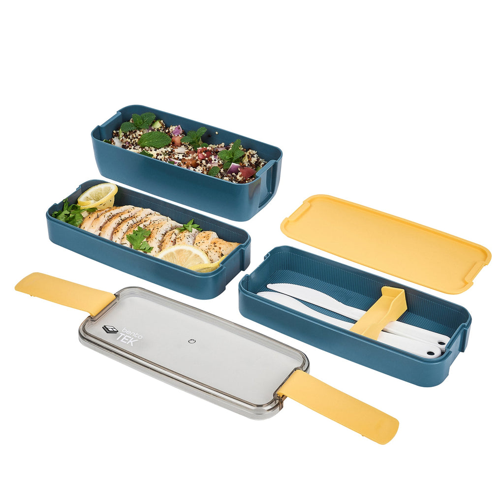 Bento Tek 30 oz Blue and Yellow 3-In-1 Lunch Box - BPA-Free, Microwave-Safe, with Fork and Knife - 7 1/2" x 3 1/4" x 4 1/2" - 1 count box