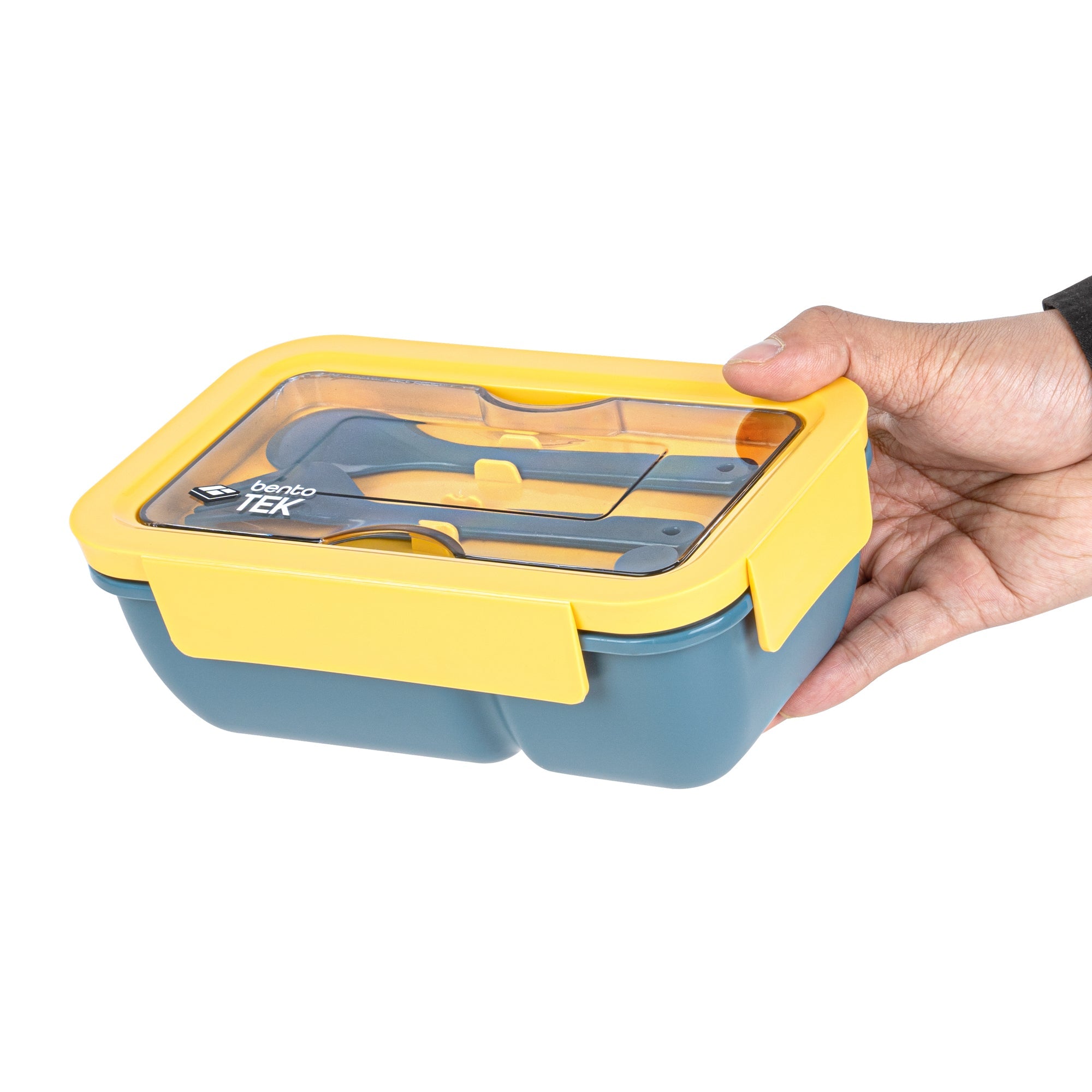 Bento Tek 30 oz Blue and Yellow 3-In-1 Lunch Box - BPA-Free, Microwave-Safe, with Fork and Knife - 7 1/2" x 3 1/4" x 4 1/2" - 1 count box