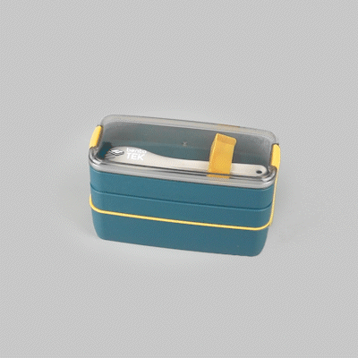 Bento Tek 30 oz Blue and Yellow 3-In-1 Lunch Box - BPA-Free, Microwave-Safe, with Fork and Knife - 7 1/2" x 3 1/4" x 4 1/2" - 1 count box