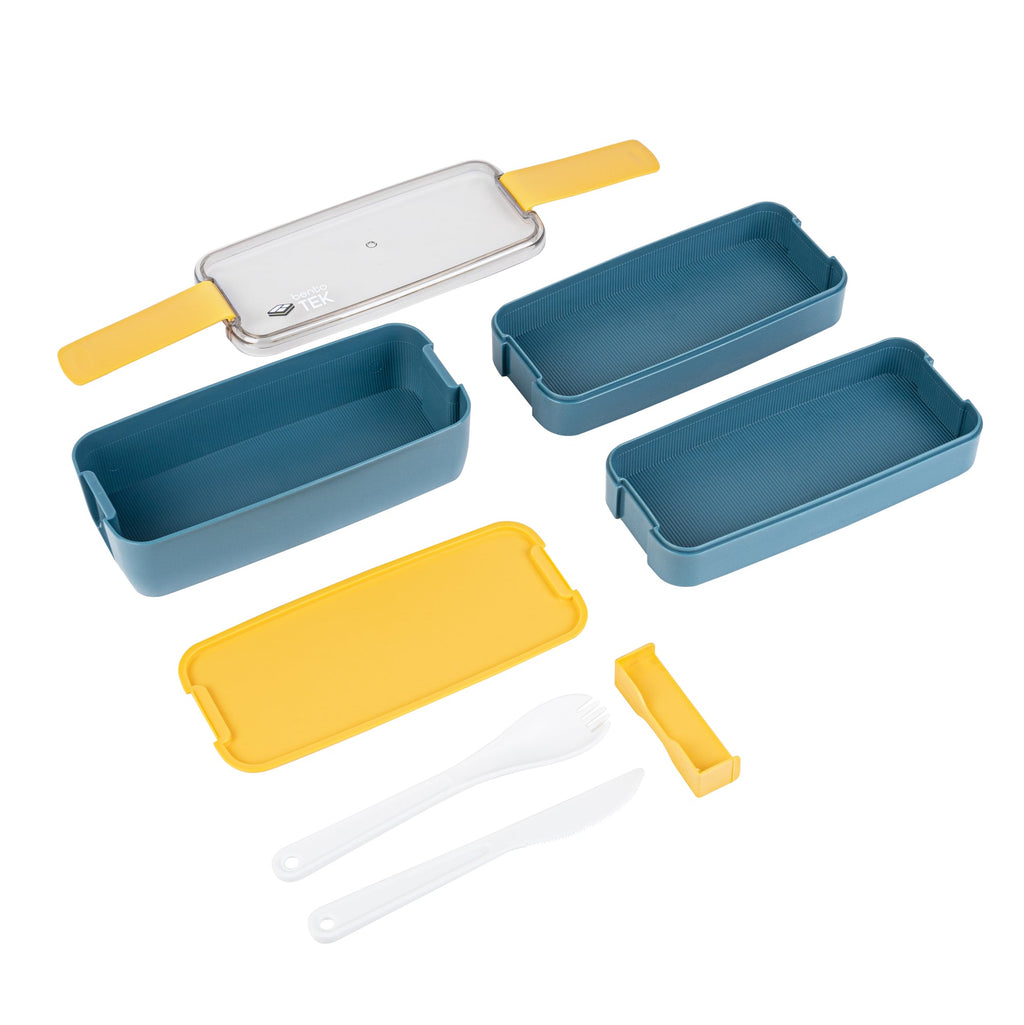 Bento Tek 30 oz Blue and Yellow 3-In-1 Lunch Box - BPA-Free, Microwave-Safe, with Fork and Knife - 7 1/2" x 3 1/4" x 4 1/2" - 1 count box